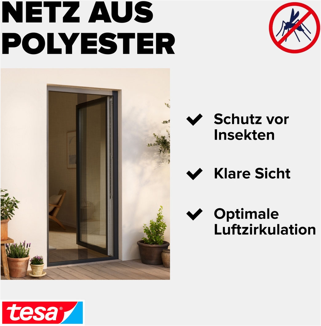 tesa Insektenschutz-Tür »Klett Fliegengitter Premium für Türen - ohne Bohren« Packung, Fliegennetz, Klettband, 1 Stk. tlg. selbstklebende Insektenschutz - (2 x 65cm )120cm x 250cm