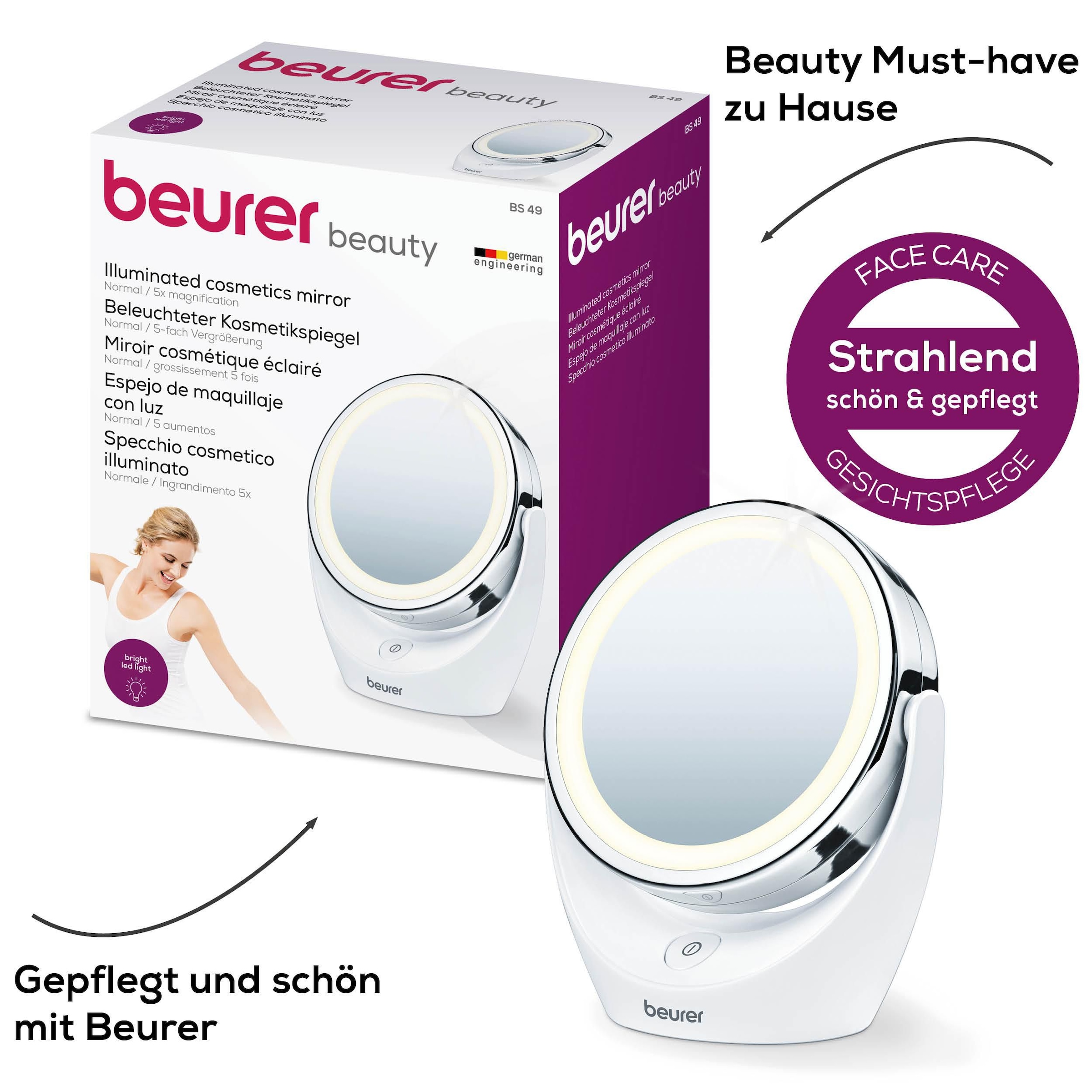 BEURER Kosmetikspiegel »BS 49 beleuchteter Kosmetikspiegel mit LED-Licht«, Mit 5-fach Vergrößerung für die Hautpflege und Beauty-Routine