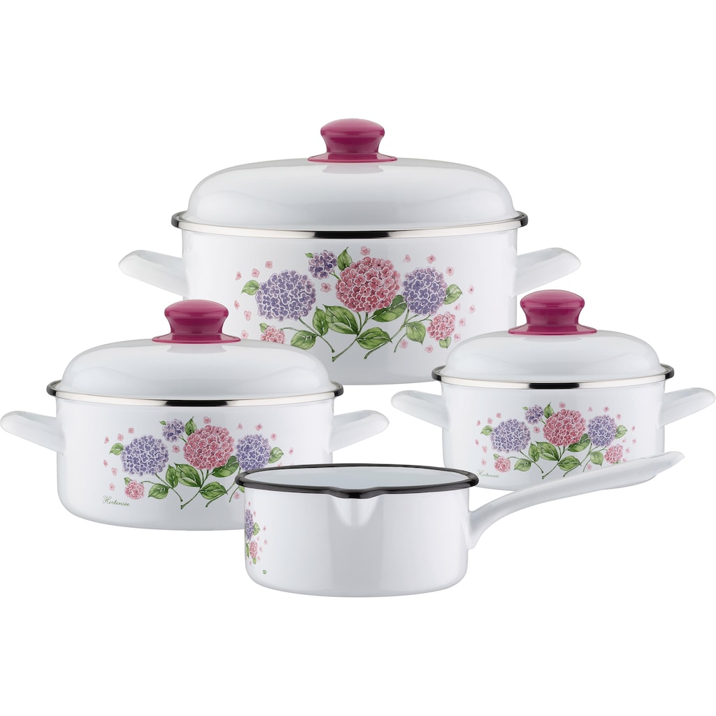 GSW Topf-Set »Hortensie«, Stahl-Emaille, (Set, 7 tlg., je 1 Kochtopf Ø 16/20/24 cm, 1x Stielkasserolle Ø 16 cm)