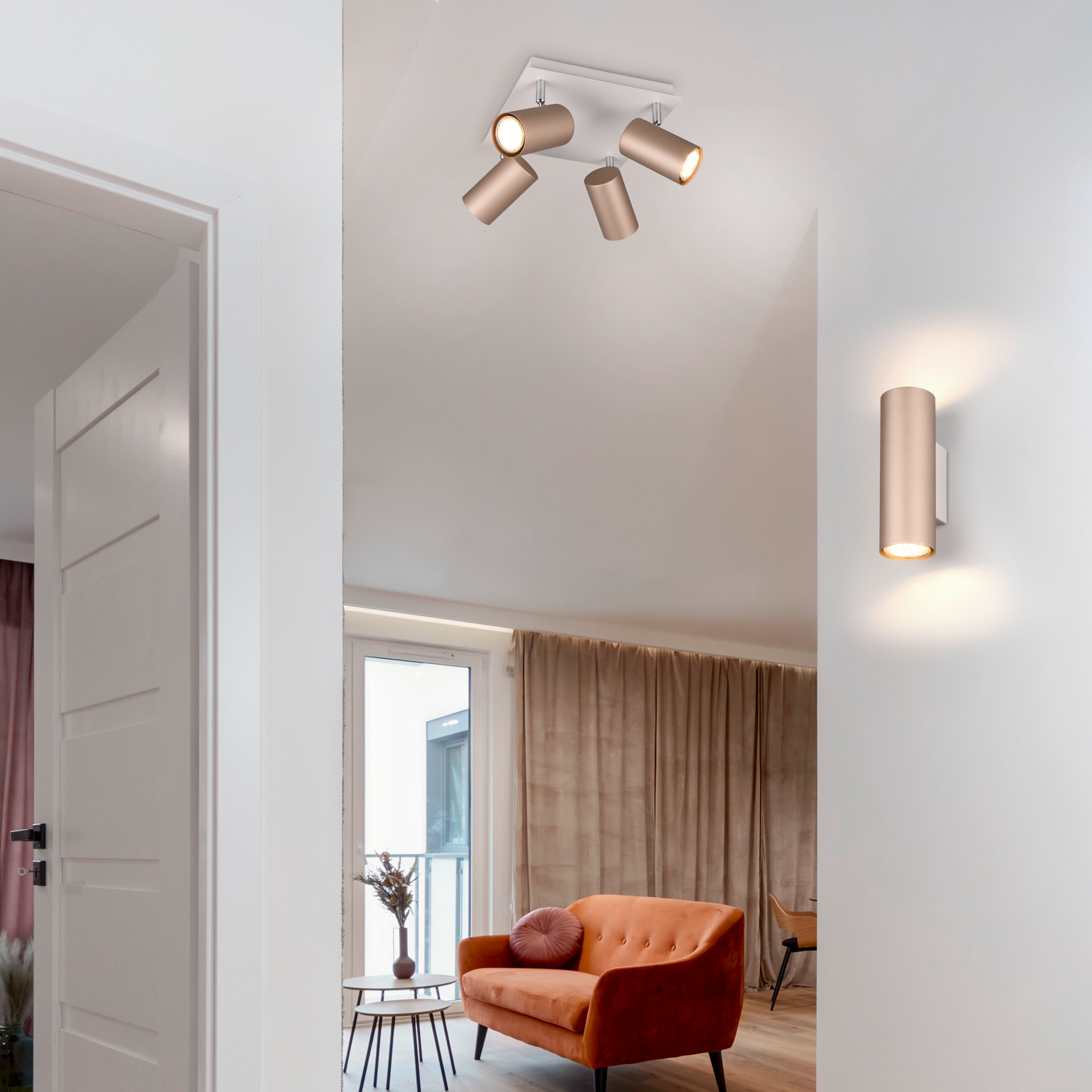 TRIO Leuchten Deckenstrahler »MARLEY, GU10 Deckenspot 1-flammig, exkl 4x GU10 max 35W, Wandspot«, 4 flammig, Leuchtmittel GU10 | Leuchtmittel wechselbar, flexibel verstellbarer GU10 Deckenspot in coffee + warm grey, 24x24 cm