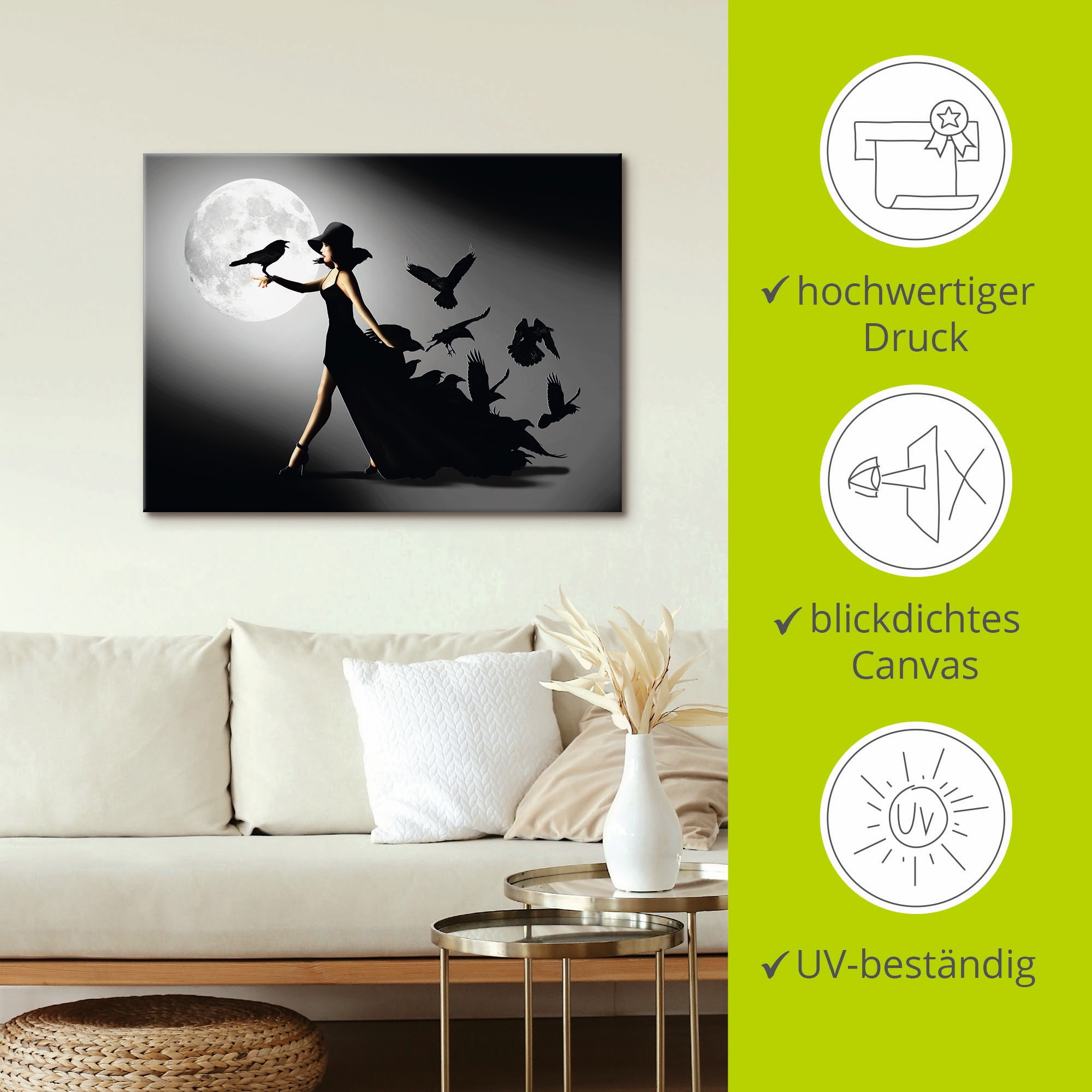 Artland Wandbild »Die Frau mit den Raben«, Animal Fantasy, (1 St.), als Alubild, Outdoorbild, Leinwandbild, Poster, Wandaufkleber