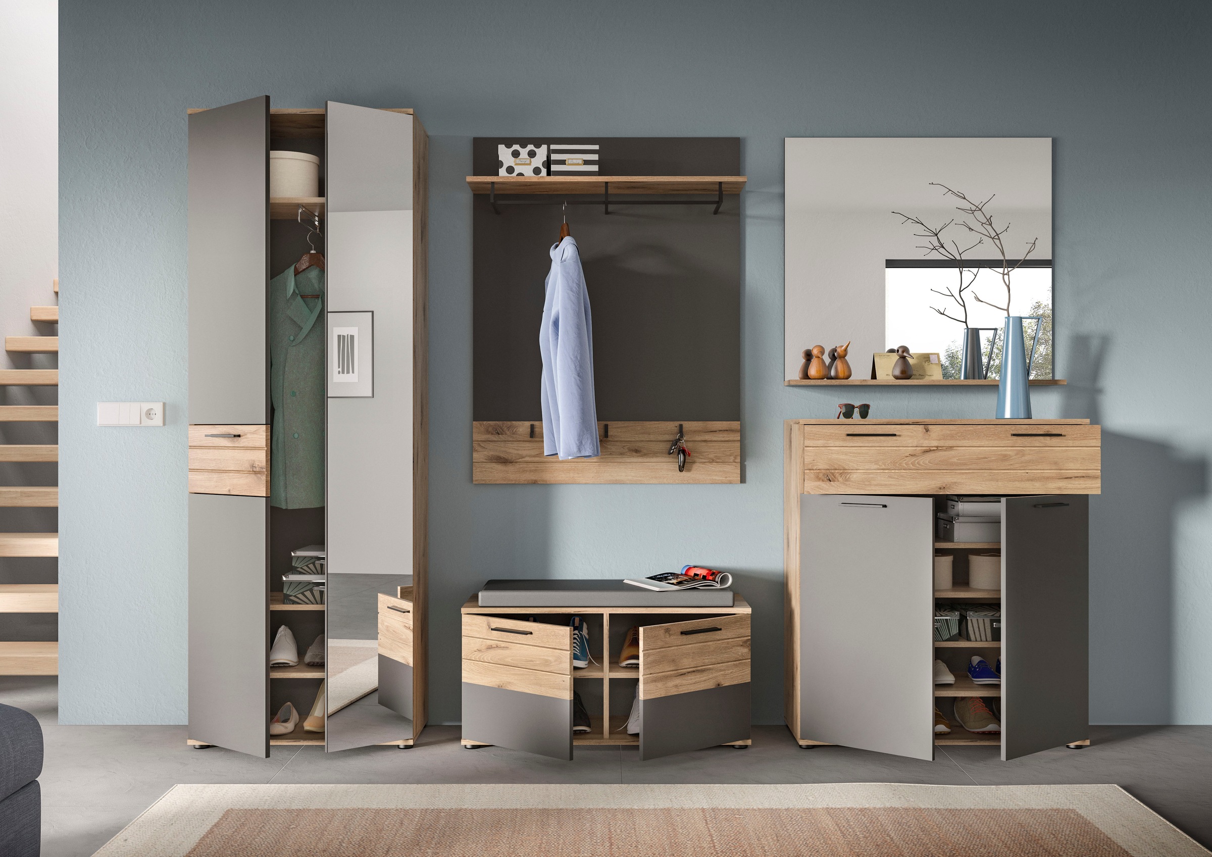 INOSIGN Garderoben-Set »Riga, Breite 195 cm, hochwertige Rillenfräsung, 4-teilig, best. aus:«, (Set, 4 St.), Sitzbank, Paneel, Garderobenspiegel, Schuhkommode