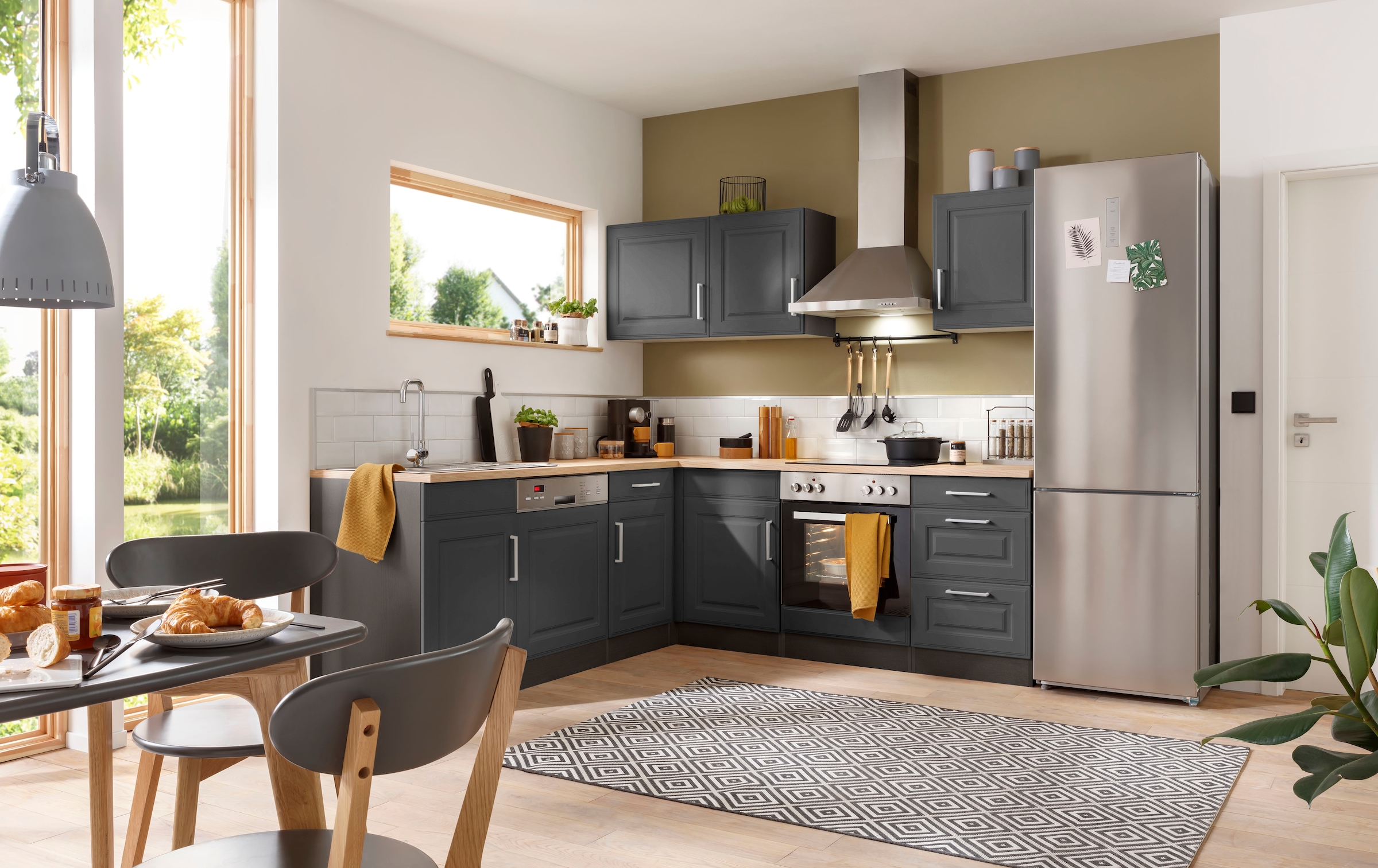 KOCHSTATION Winkelküche »KS-Stockholm« Stellbreite 220/220 cm, mit hochwertigen MDF Fronten im Landhaus-Stil