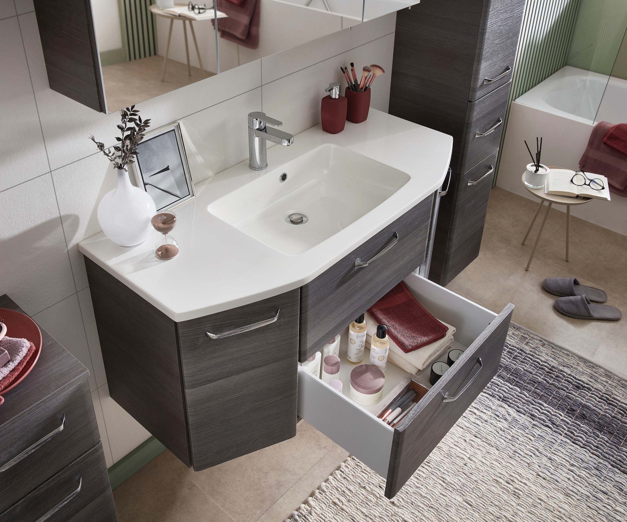 Saphir Badmöbel-Set »Quickset 5-teilig, Mineralmarmor-Waschtisch und LED-Spiegelschrank« 6 Stk. tlg.