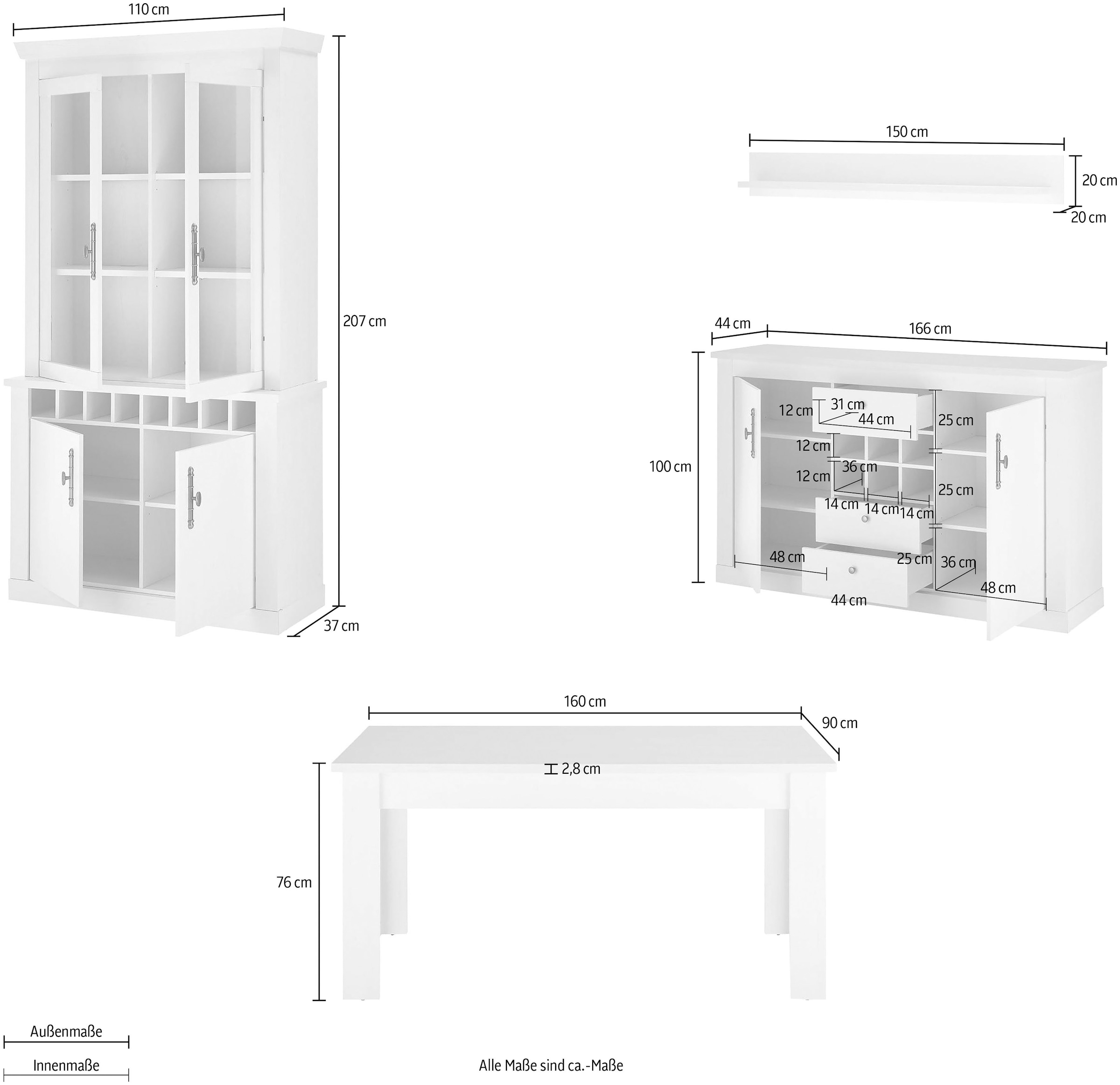 Home affaire Wohnwand »RAVENNA«, (4 St.), im romantischen Landhausstil, Griffe aus Metall, Softclose-Funktion