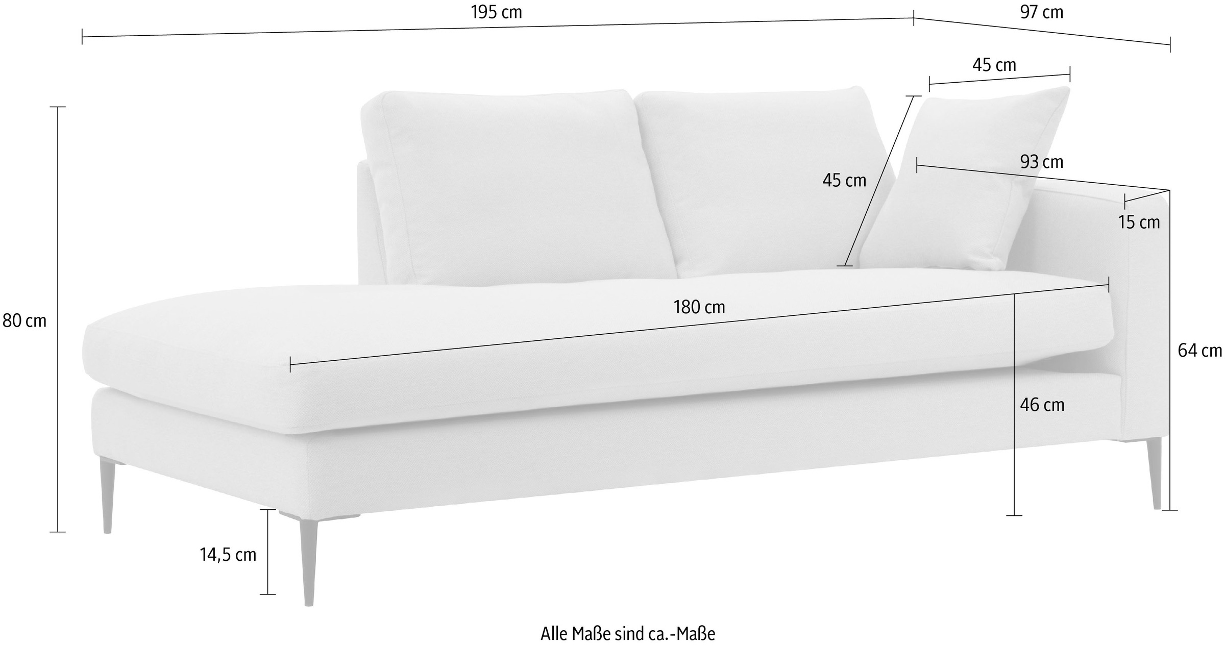 Leonique Recamiere »Cozy Chaiselongue, Maße B/T/H: 195/97/80 cm«, mit losen Kissen und Metallbeinen, Armlehne links oder rechts wählbar