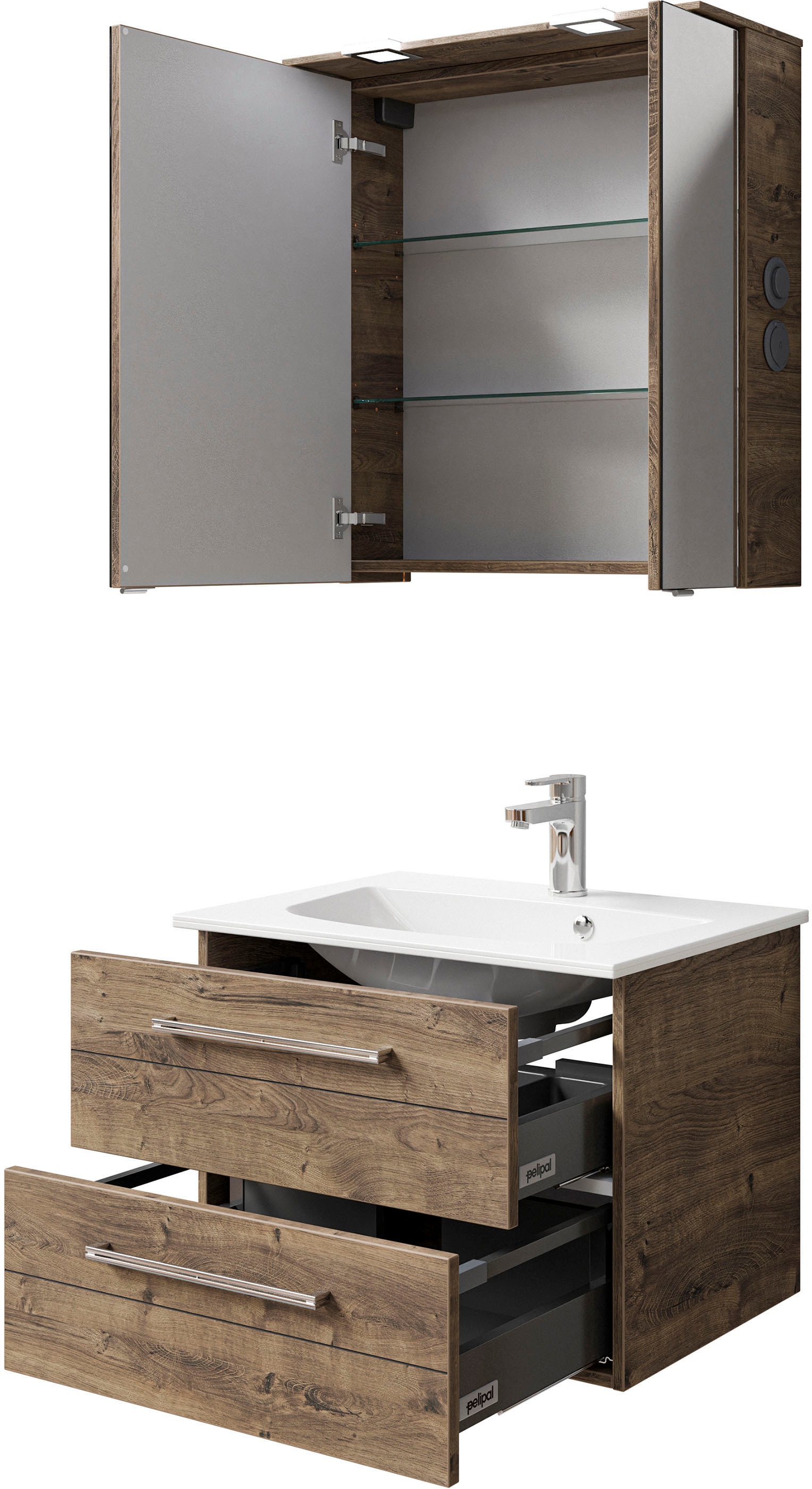 Saphir Badmöbel-Set »Serie 6025 2-teilig Mineralmarmor-Waschtisch mit LED-Spiegelschrank«, (2 St.), Waschplatz 67 cm breit, 2 Schubladen, 2 Spiegel-Türen, inkl Türdämpfer