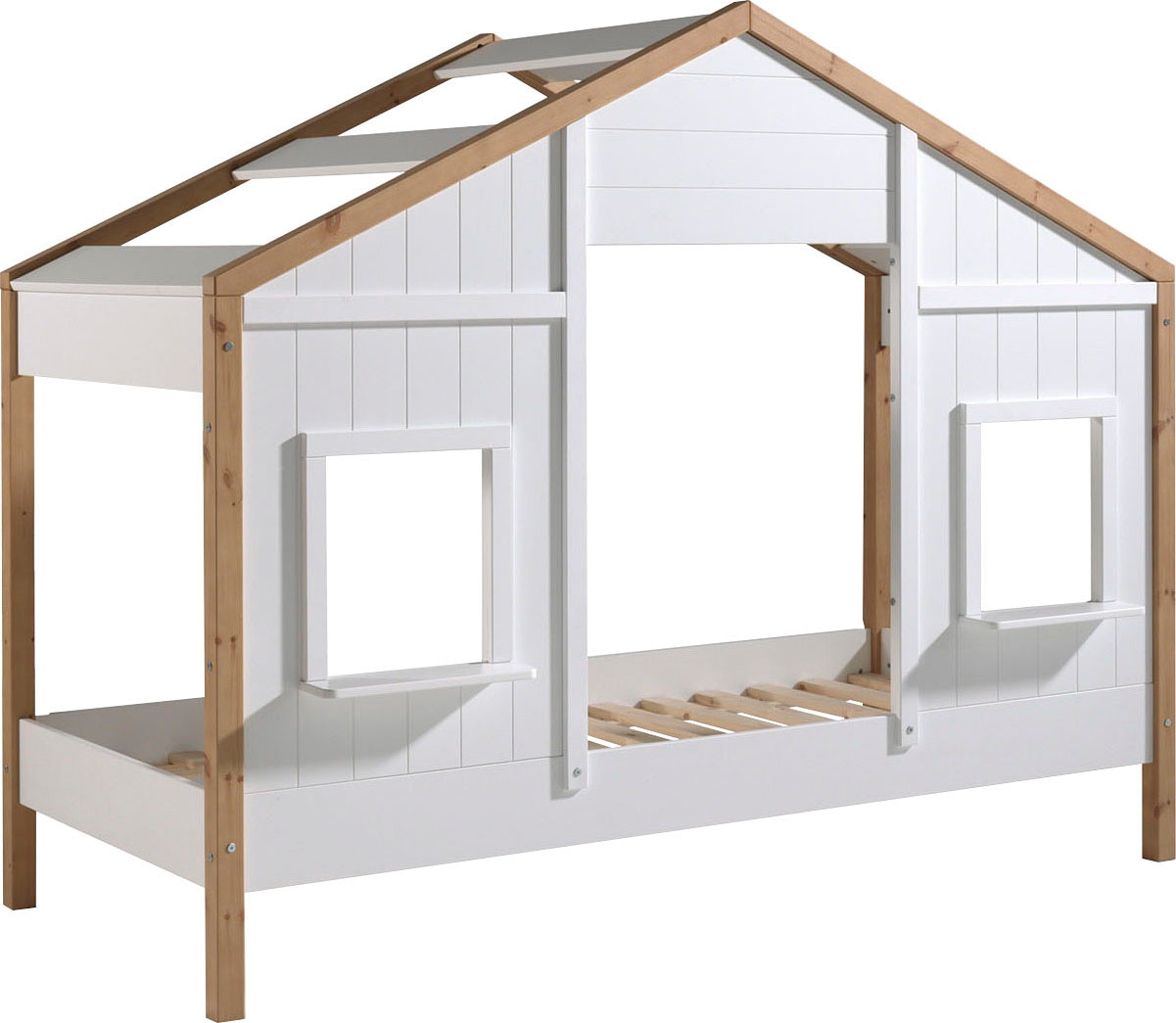 Vipack Hausbett »Babs, mit Dachaufbau, Fenstern, Made in Europe, originelle Optik«, (B/H/T ca. 210x170x97cm, Weiß/Oak lackiert, seitlich nach hinten offen), inklusive Rolllattenrost und wahlweise mit Bettschublade