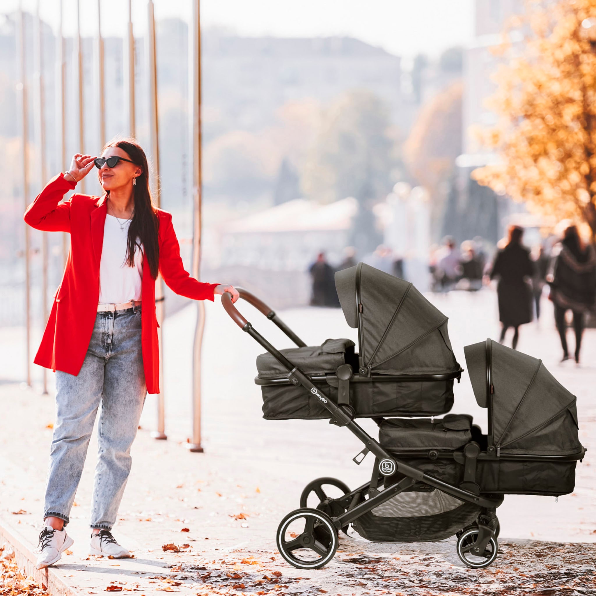 BabyGo Zwillings-Kombikinderwagen »Twinner Set, Blau melange«, 30 kg, inkl. 2 Regenhauben, Wickeltasche
