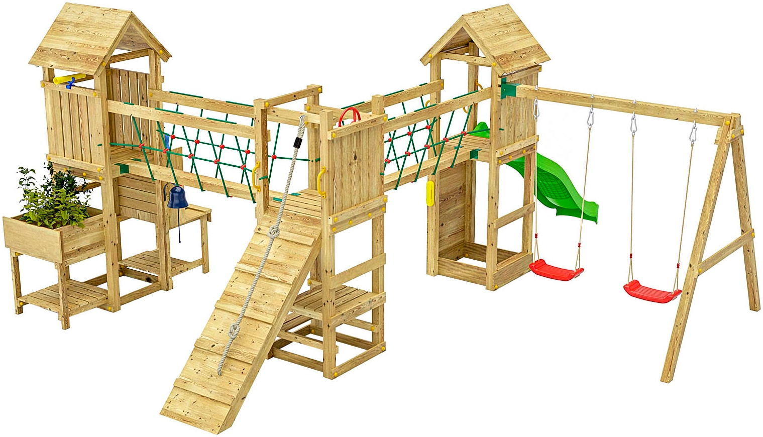 FUNGOO Spielturm »Maxi Funny Optimizer, mit Rutsche, Schaukeln, Kletterwand + Seilbrücke«, Made in Europe