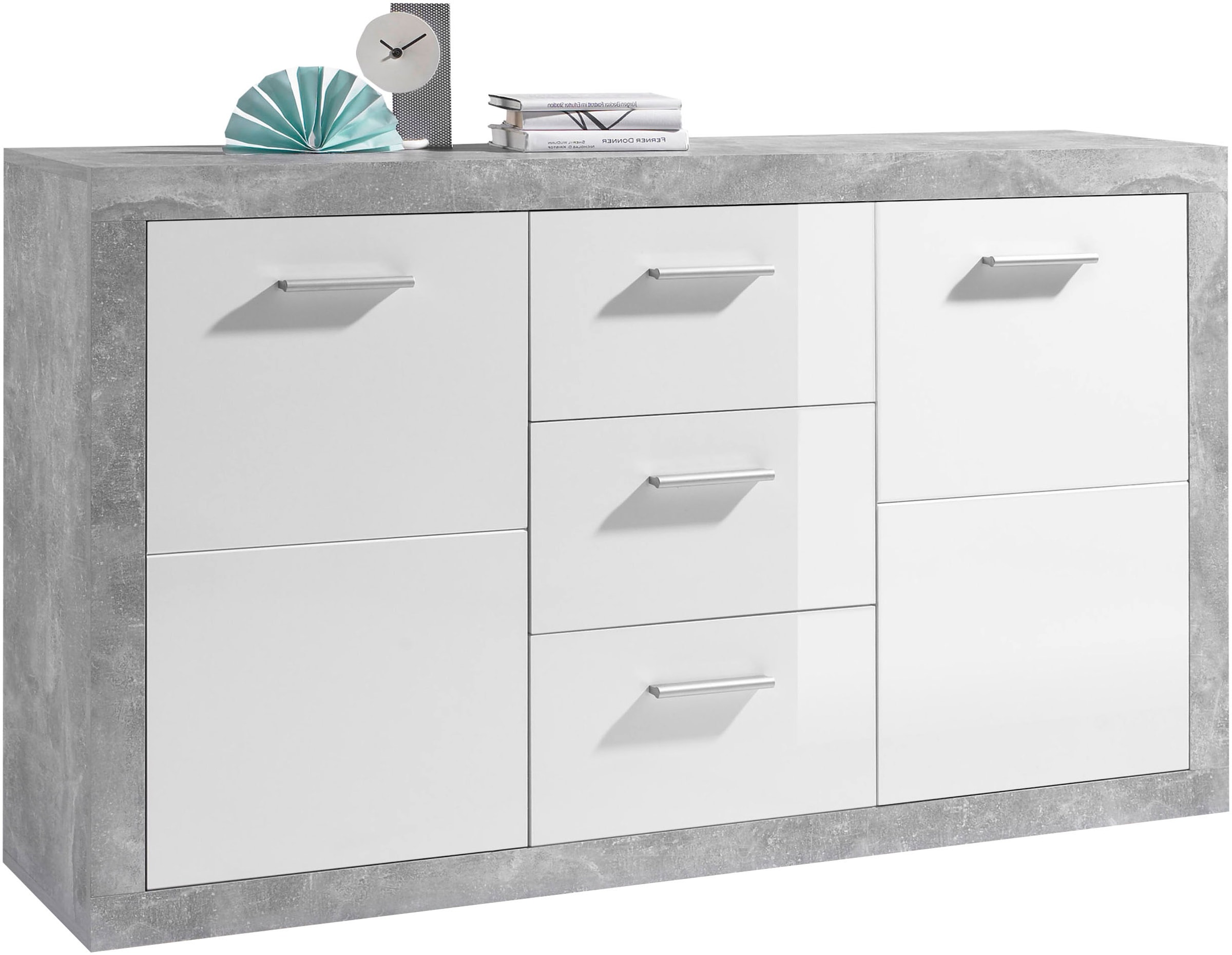 HBZ Sideboard »Stone weiß Hochglanz, Wohnzimmerschrank BxHxT 147x89x37 cm« 1 Stk. tlg. Mit 2 Türen, 3 geräumigen Schubkästen, 2 Einlegeböden...