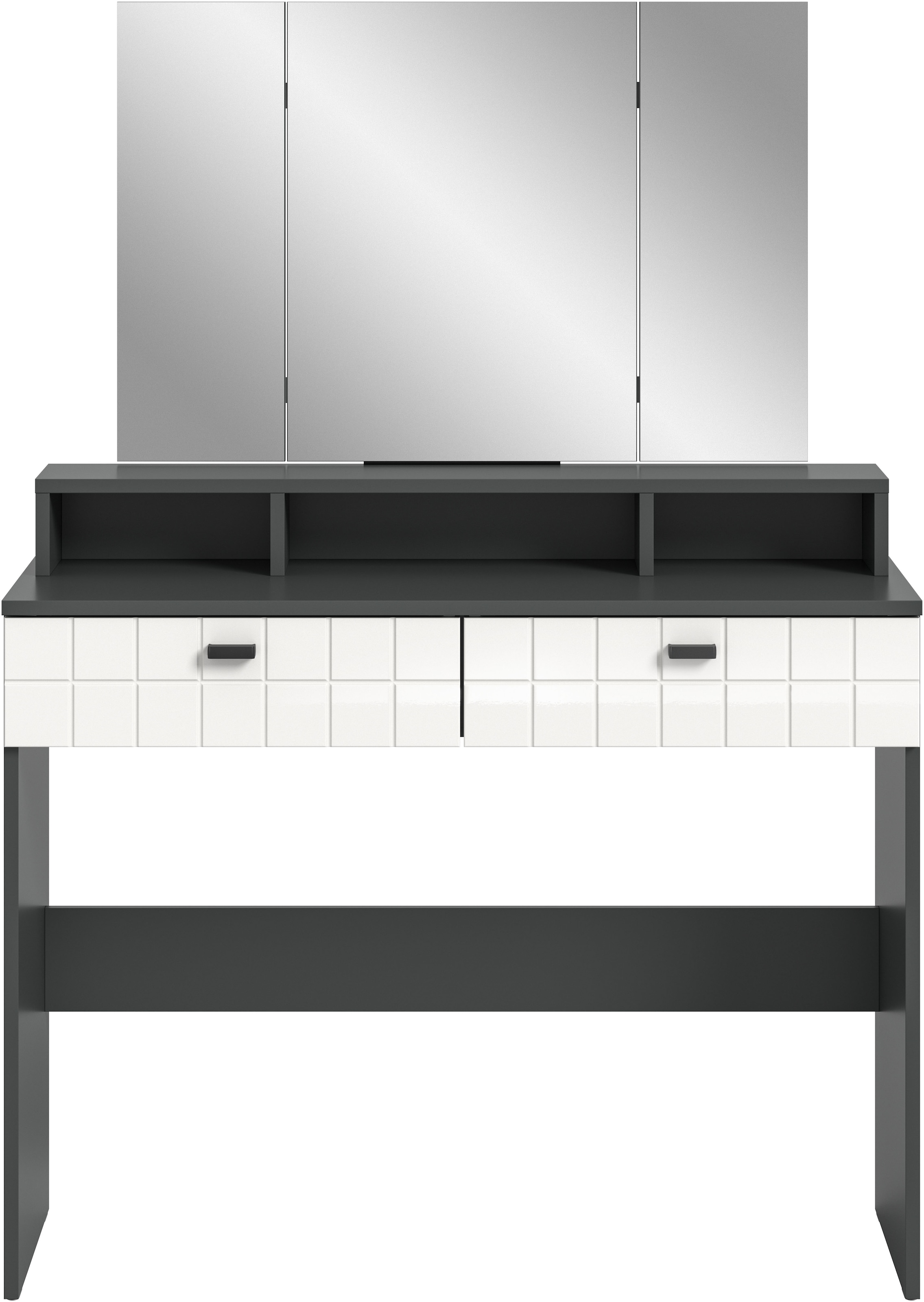 INOSIGN Schminktisch »GORA, Breite 100 cm, 2 Schubkästen, 1feste & 2 faltbare Spiegelflächen«, gefräste Front in Waffeloptik hochglanz, Frisiertisch, Spiegeltisch