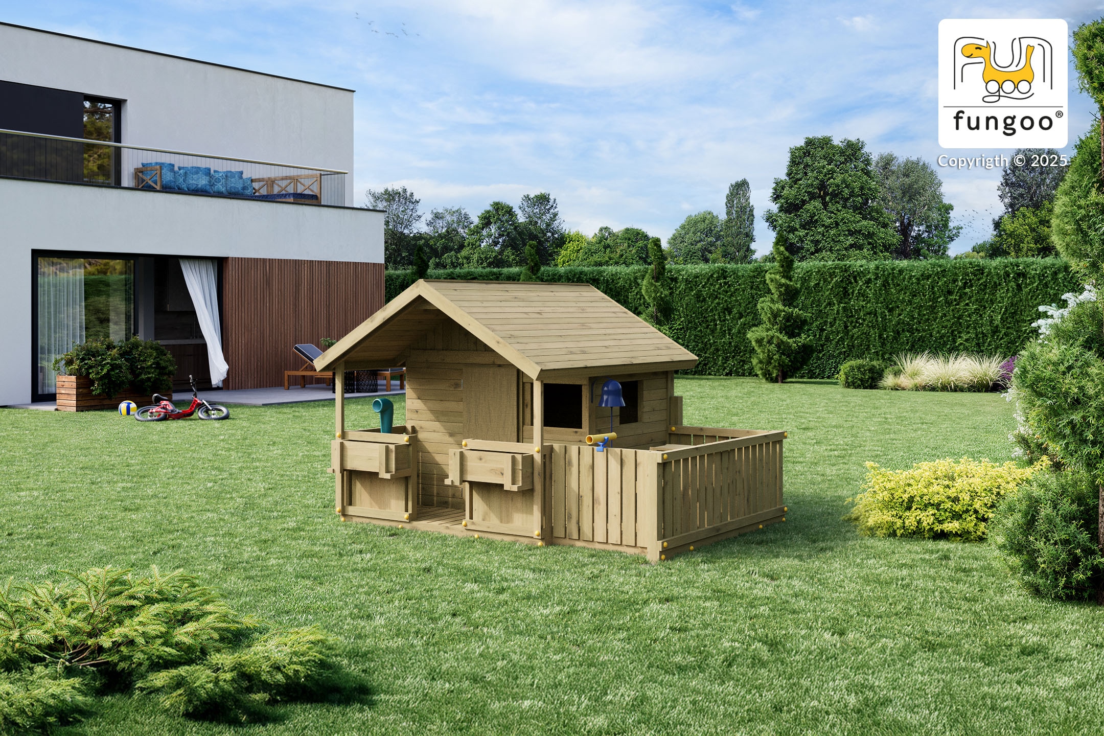 FUNGOO Spielhaus »SUNNY BANDCORNER« mit großer Terrasse und Picknicktisch, Tafel, Periskop