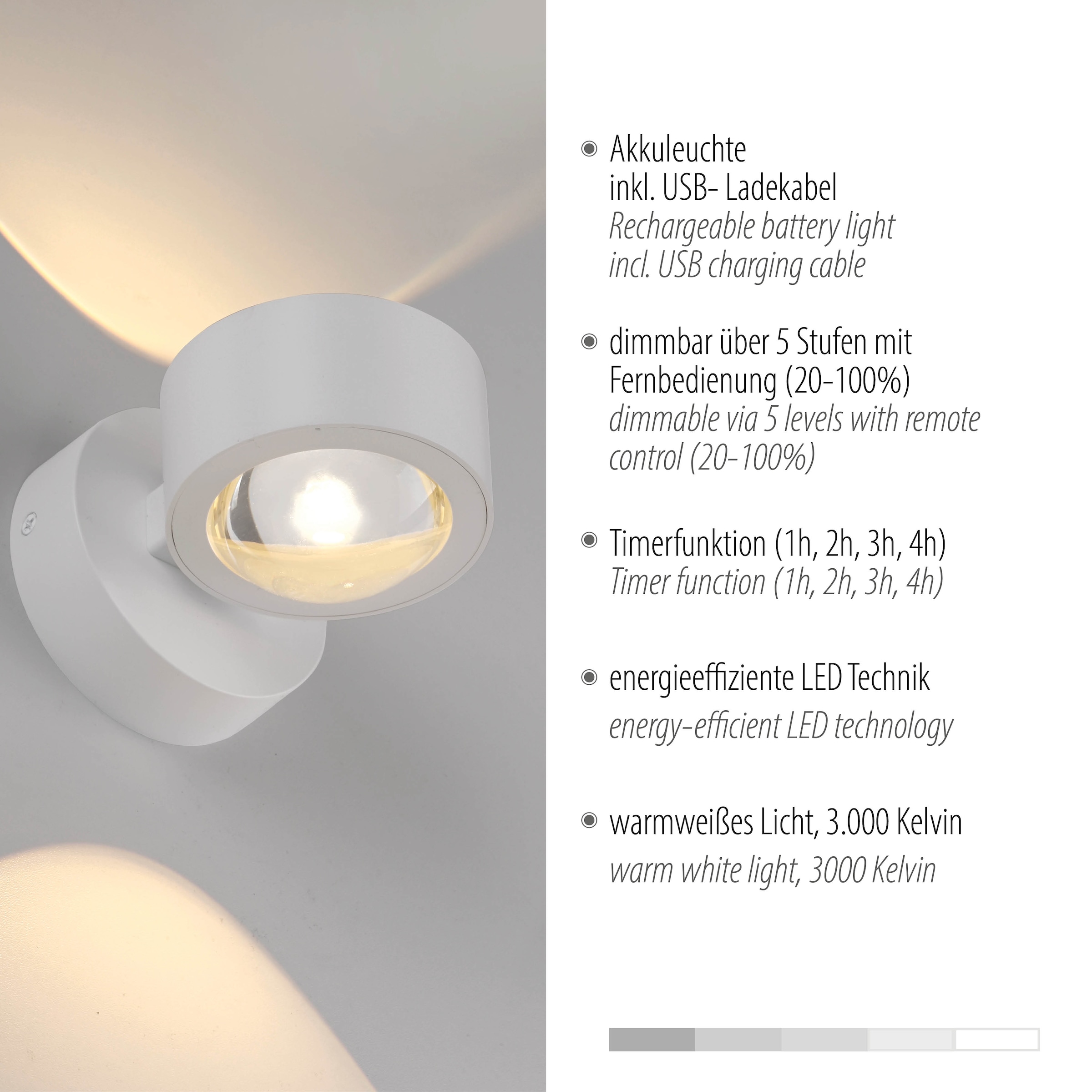 JUST LIGHT LED Wandleuchte »AKKU-CHIA« LED-Board 1 Stk. Warmweiß Akkubetrieben inkl. USB-Ladekabel, 5 Stufen Dimmung + Timerfunktion