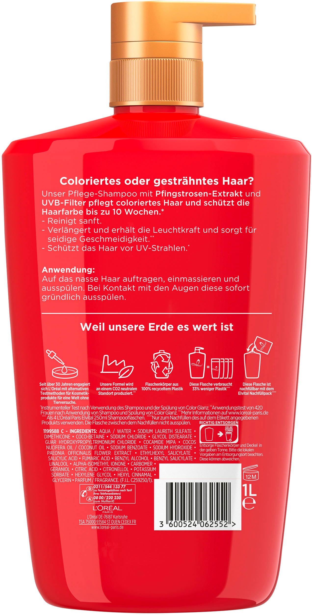 L'ORÉAL PARIS Haarshampoo »Elvital Shampoo Color Glanz«, Mit Farbschutz für längere Leuchtkraft, mit UVA-/UVB-Filter.