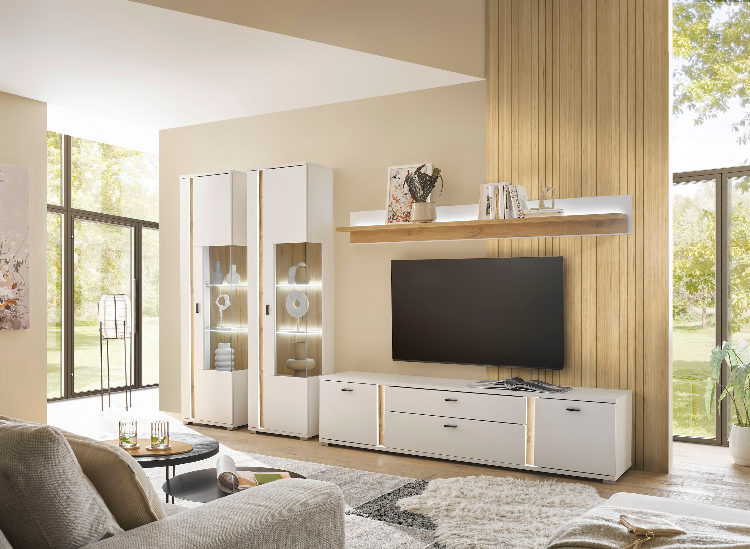 INOSIGN Wohnwand »LONG ISLAND«, (Set, 4 St.), in moderner Trendfarbe,inklusive senkrechter Beleuchtung,Breite 330 cm