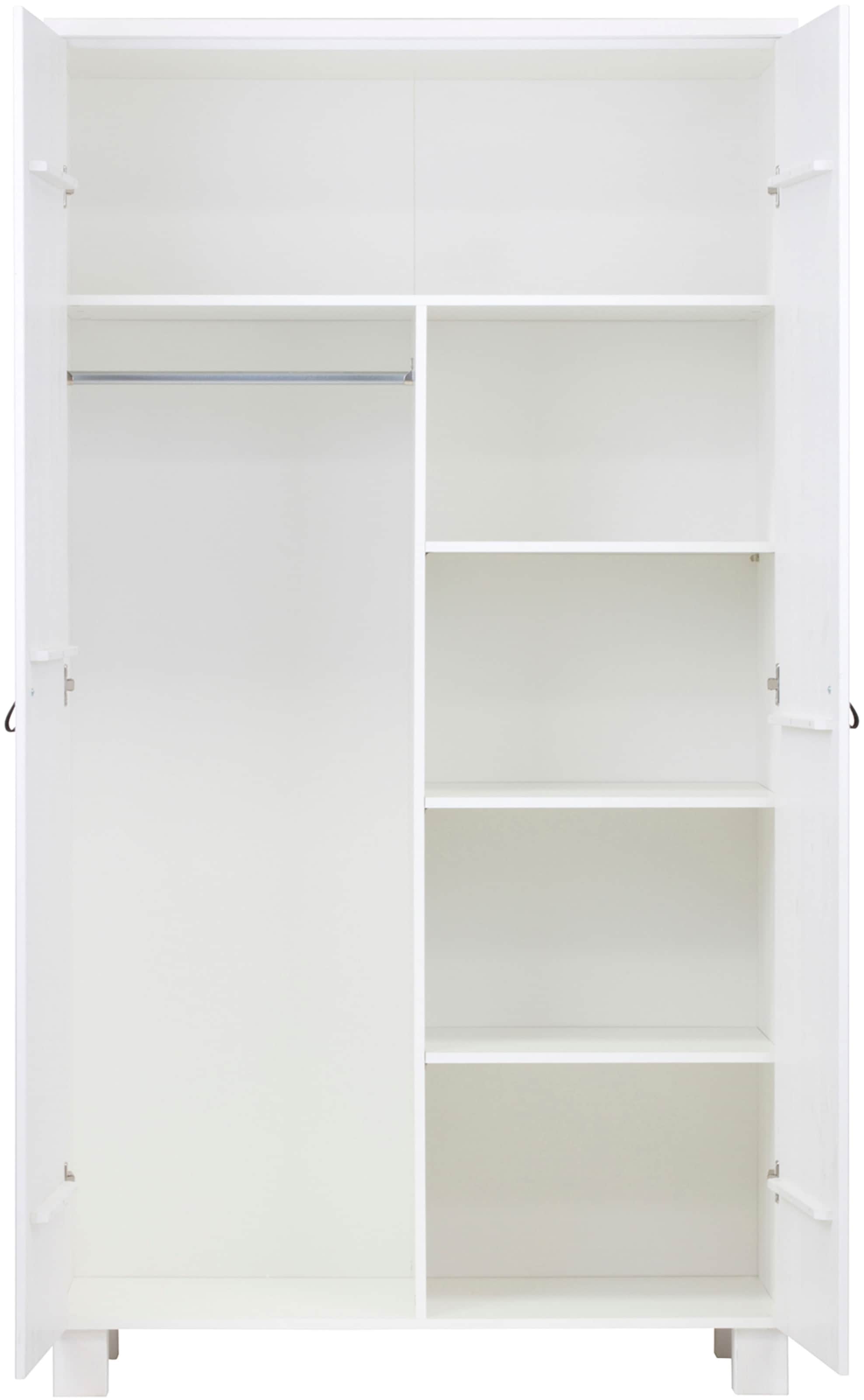 WOOOD Garderobenschrank »Ties FSC®-Kiefernholz gebürstet mit Ledergriffen, H202 x B111 x T55 cm« V-Nuten-Türen, Tragkraft 10 kg pro Einlegeboden, Melamininterieur