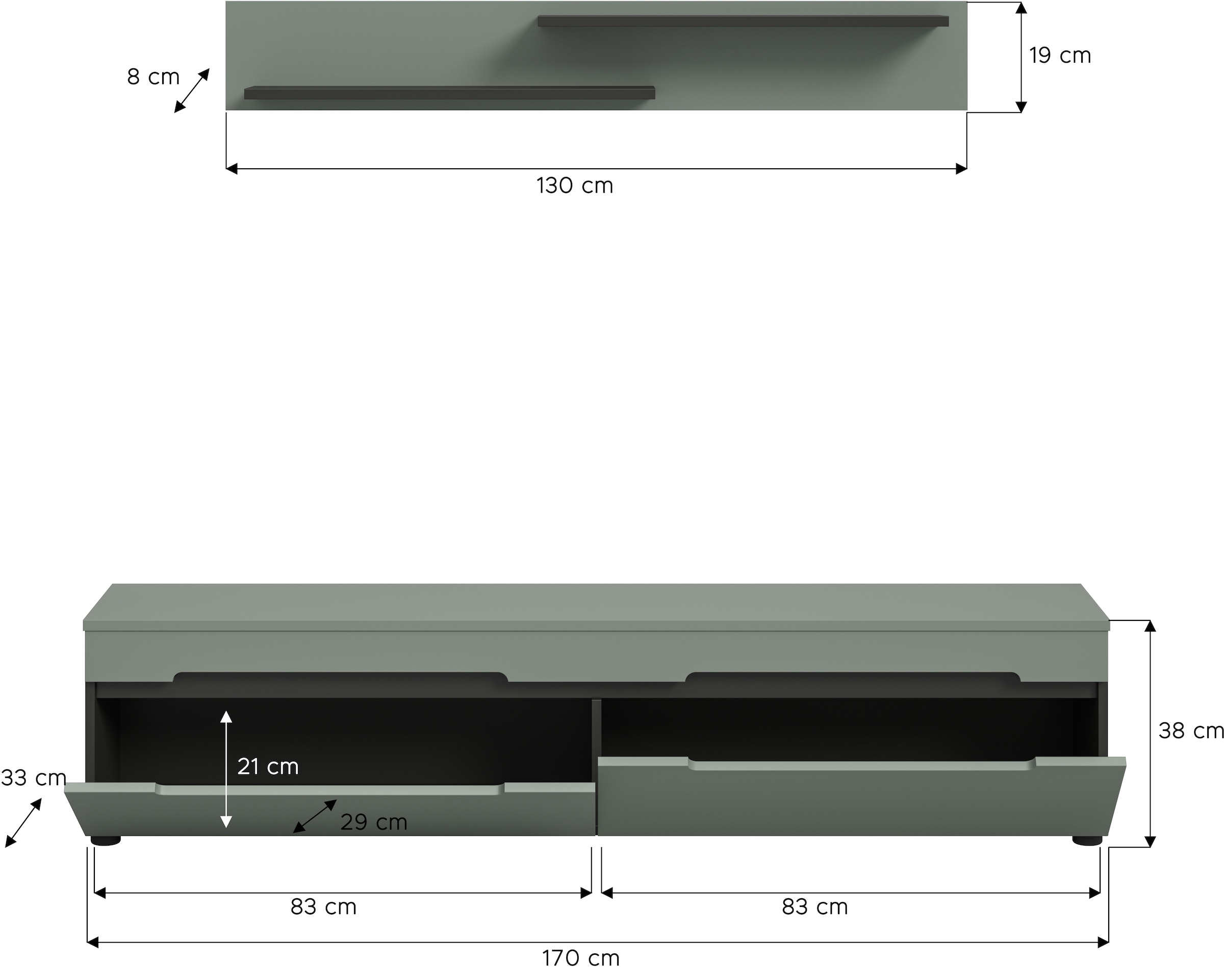INOSIGN Wohnwand »REHAT, TOPSELLER!, 2-teilig, wahlweise stehend und hängend montierbar« Set bestehend aus: Wandboard (13x19x8 cm) und Lowboard (170x38x33 cm), 2 Stk. tlg.