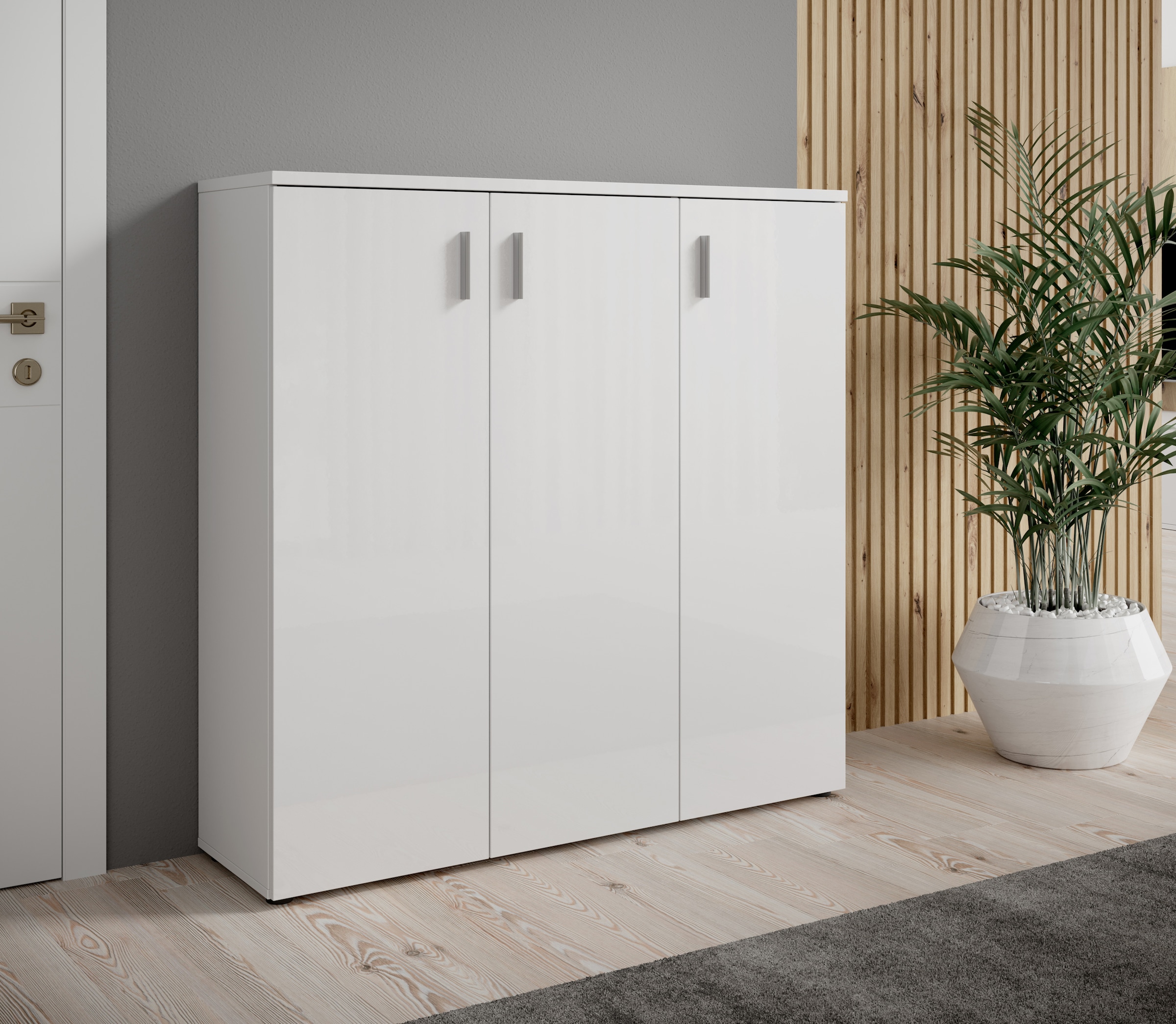 HBZ Schuhschrank »Lincoln weiß Glanz, BxHxT 120x120x35 cm«, (1 St.), Schuhschrank mit 3 Türen, 8 Einlegeböden verstellbar, 2 feste Böden
