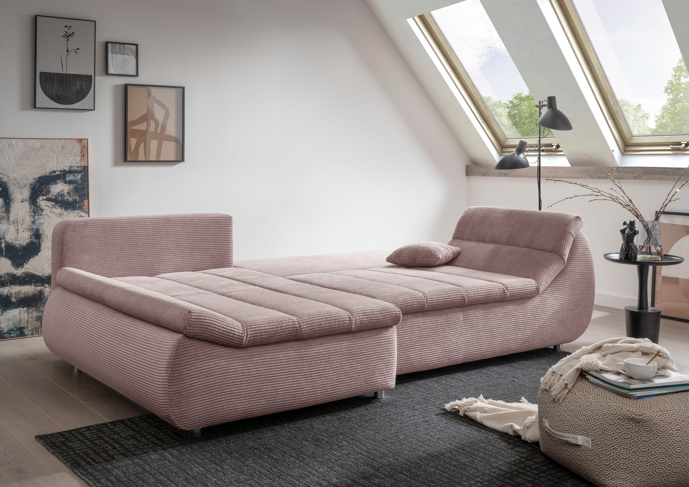 INOSIGN Ecksofa »Imola elegant und bequem, aktuelle Steppung im Sitz, L-Form«, wahlweise mit Bettfunktion