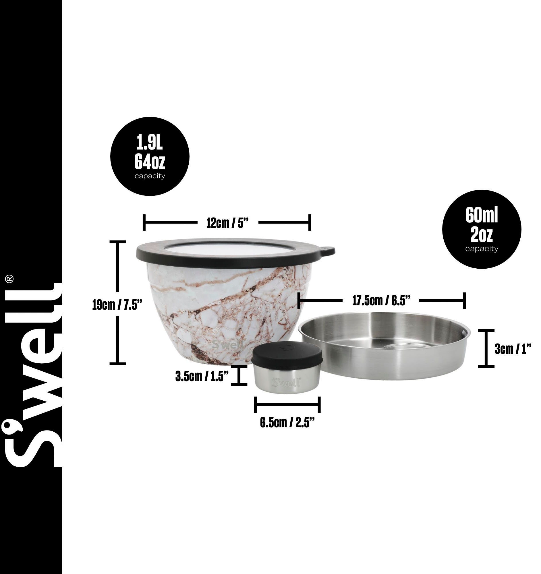 S'well Salatschüssel »S'well Calacatta Gold Salad Bowl Kit, 1.9L«, 3 tlg., aus Edelstahl, Therma-S'well®-Technologie mit vakuumisolierten Außenschale