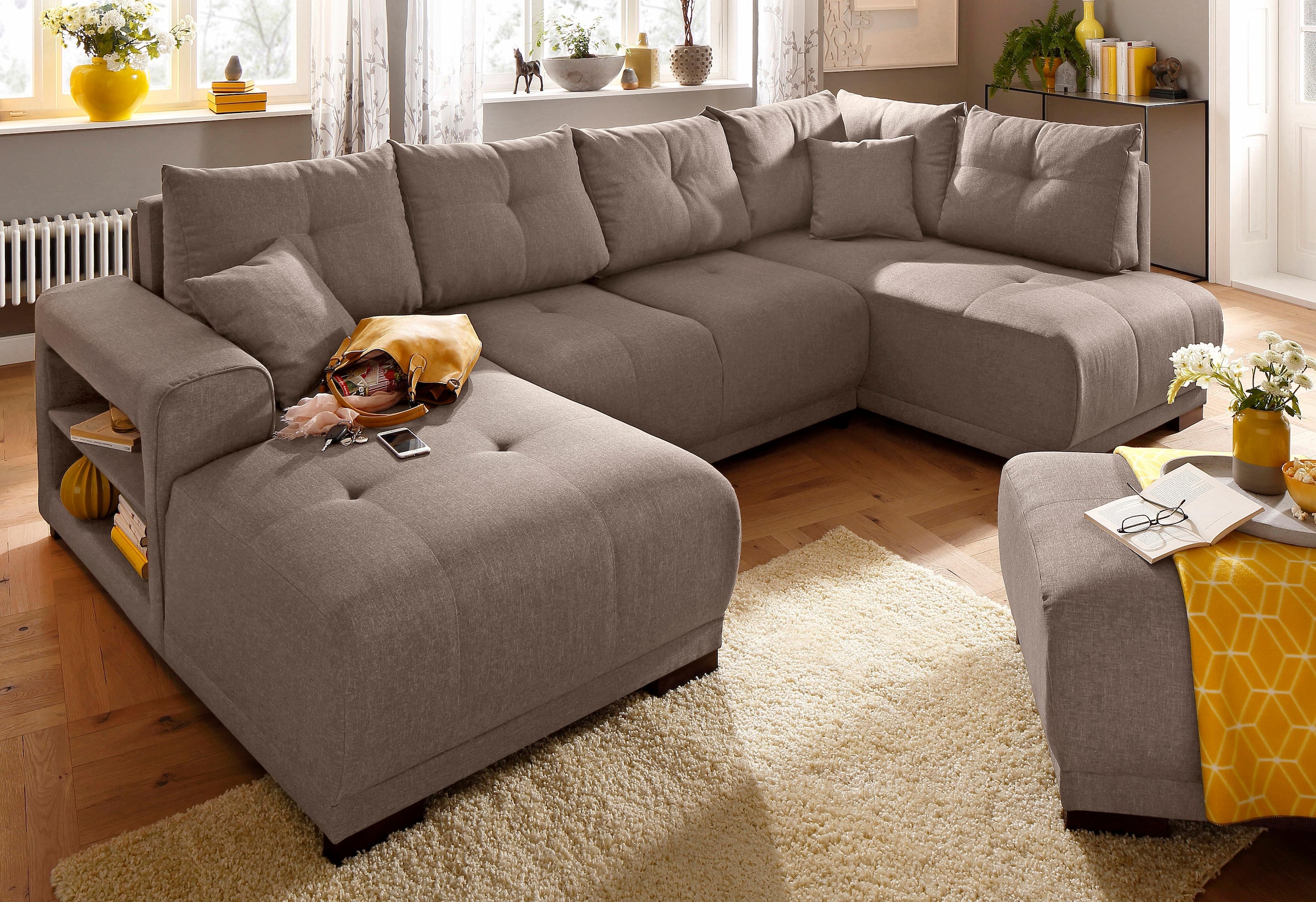 Home affaire Wohnlandschaft »Viborg U-Form«, mit Regal in der Armlehne, wahlweise mit Bettfunktion