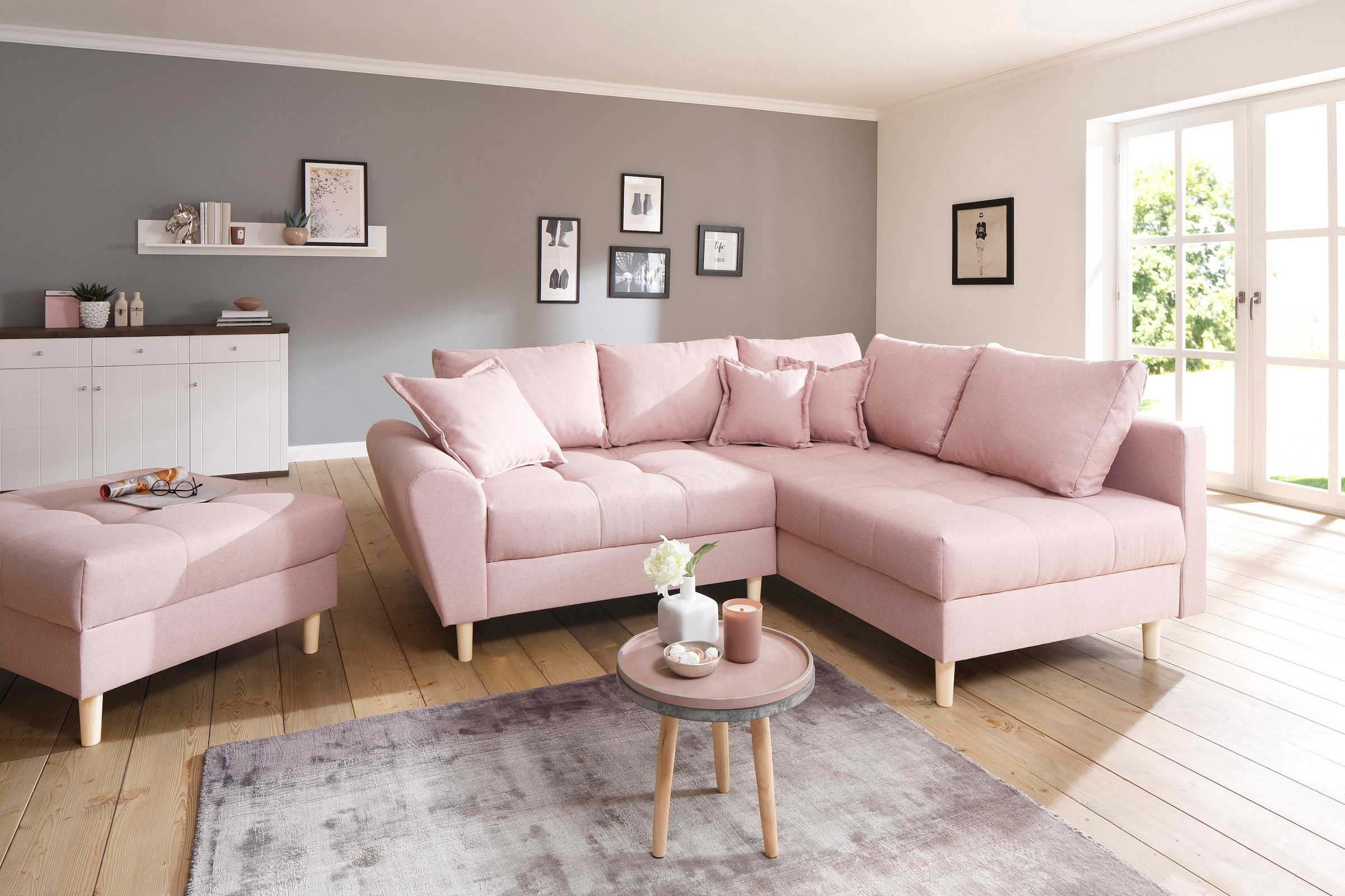 Ecksofa »Rice L-Form«, (Set, mit Hocker), mit Hocker, Massivholzfüße und...