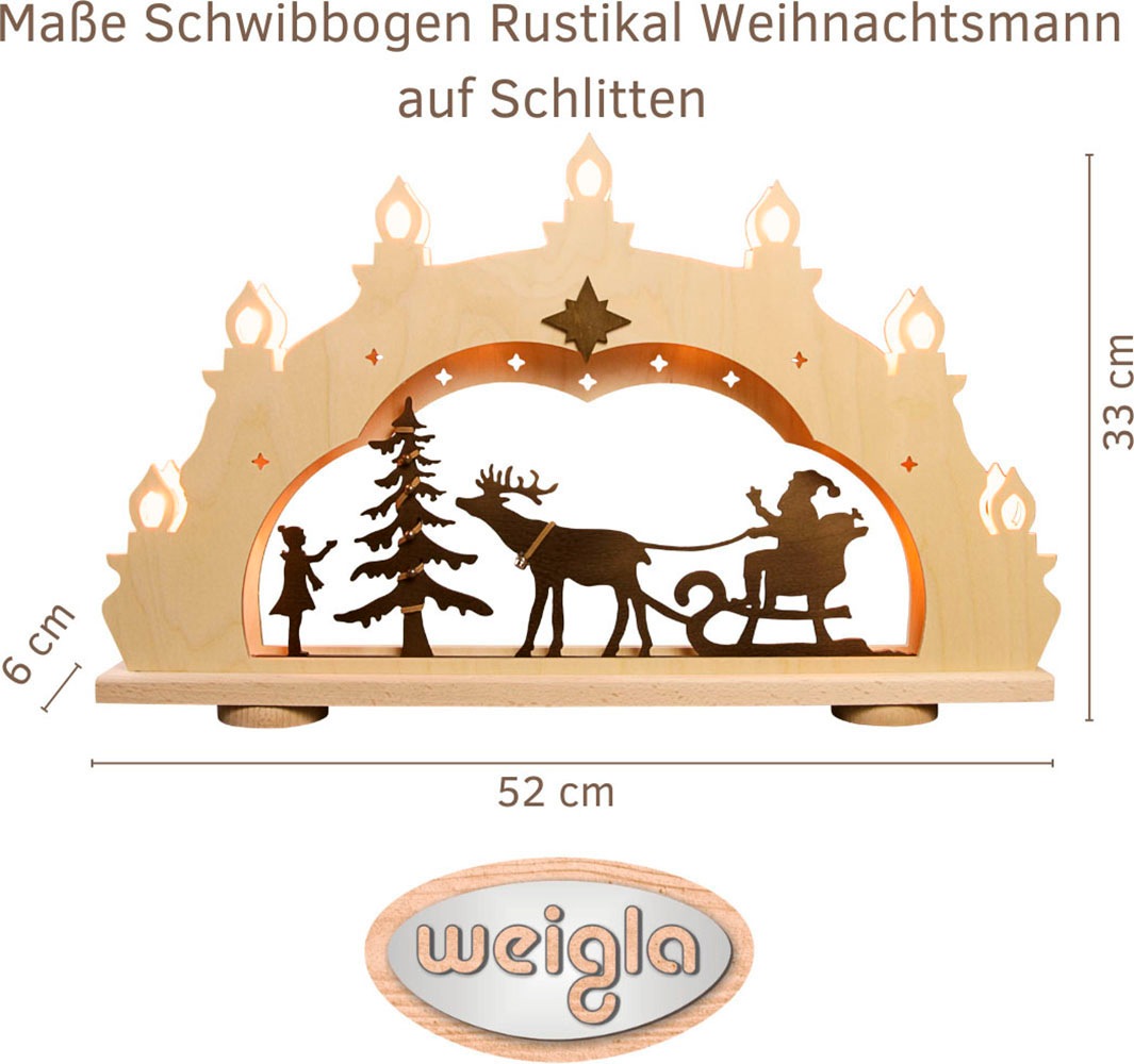 Weigla LED Schwibbogen »Weihnachtsmann auf Schlitten, Lichterbogen Rustikal, Holz, NATUR-BRAUN«, Erzgebirge garantiert, Weihnachtsdeko Innen, Weihnachtsbeleuchtung