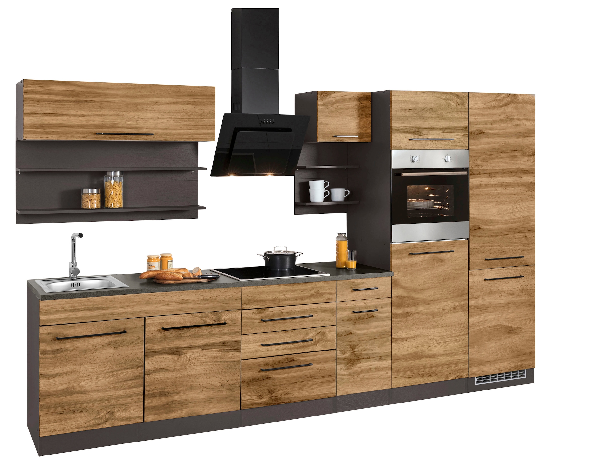 KOCHSTATION Küchenzeile »KS-Tulsa« mit E-Geräten, Breite 330 cm, schwarze Metallgriffe, MDF Fronten