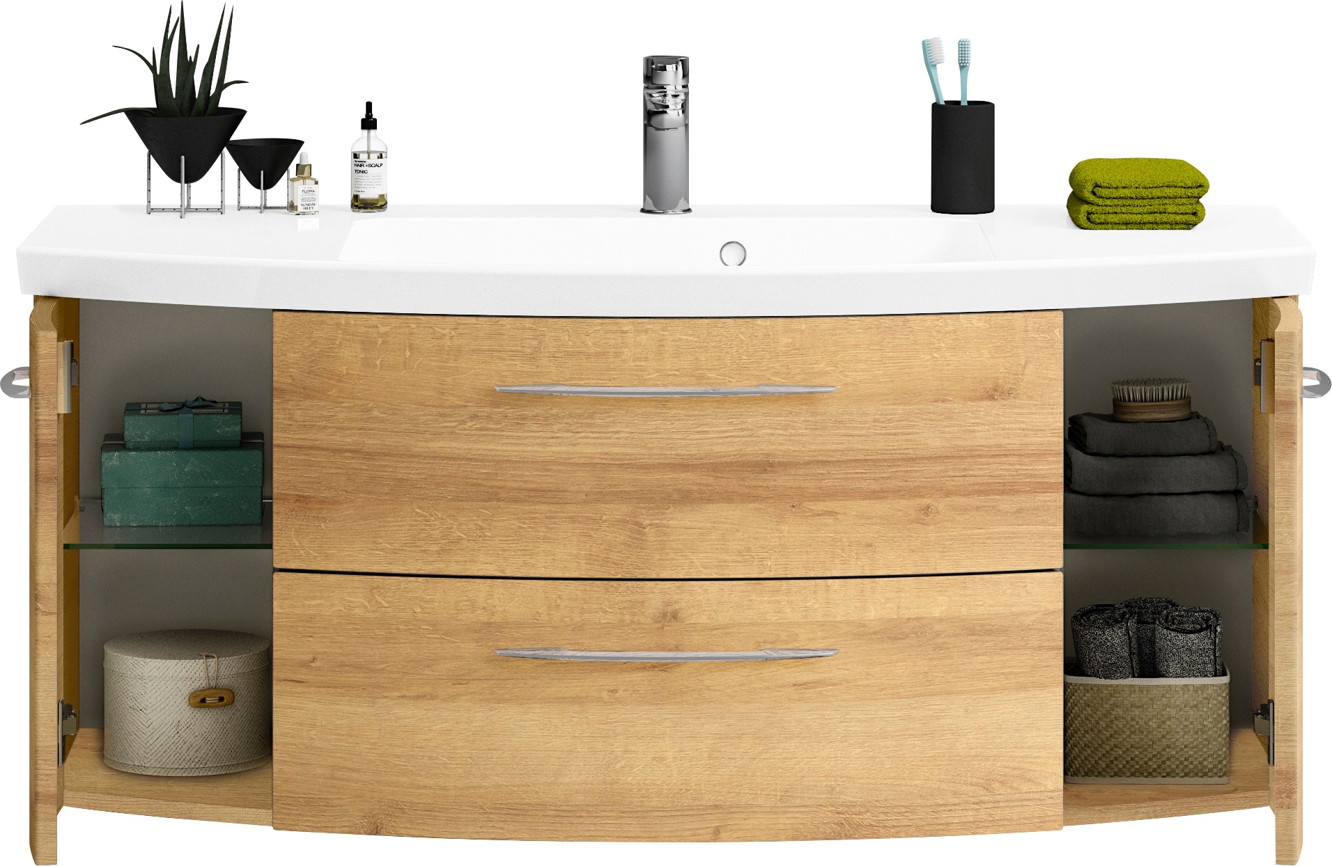 Saphir Badmöbel-Set »Cassca Sprint 4-teilig Mineralmarmor-Waschtisch mit LED-Spiegelschrank«, (5 St.), Midischrank, Unterschrank, inkl. Türdämpfer, 7 Türen, 5 Schubladen