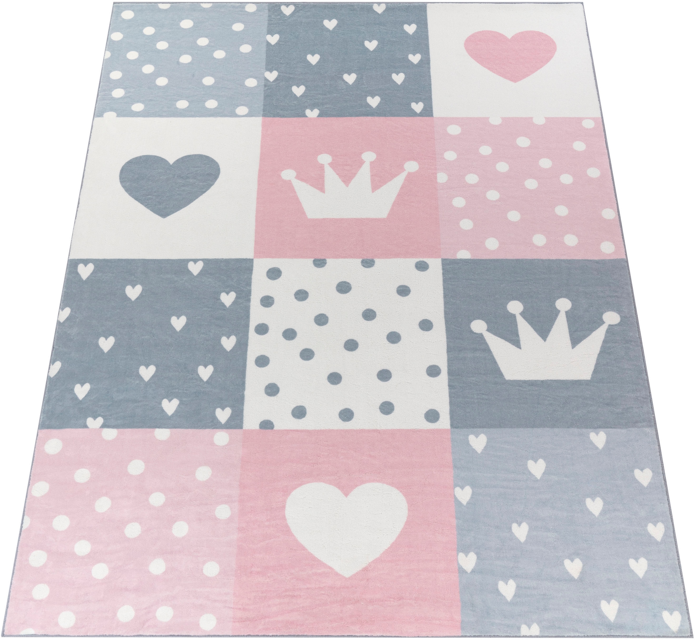 Paco Home Kinderteppich »Eliz 391«, rechteckig, 12 mm Höhe, Kurzflor, Spielteppich, Patchwork-Muster, Motiv Krone, Herz & Punkte
