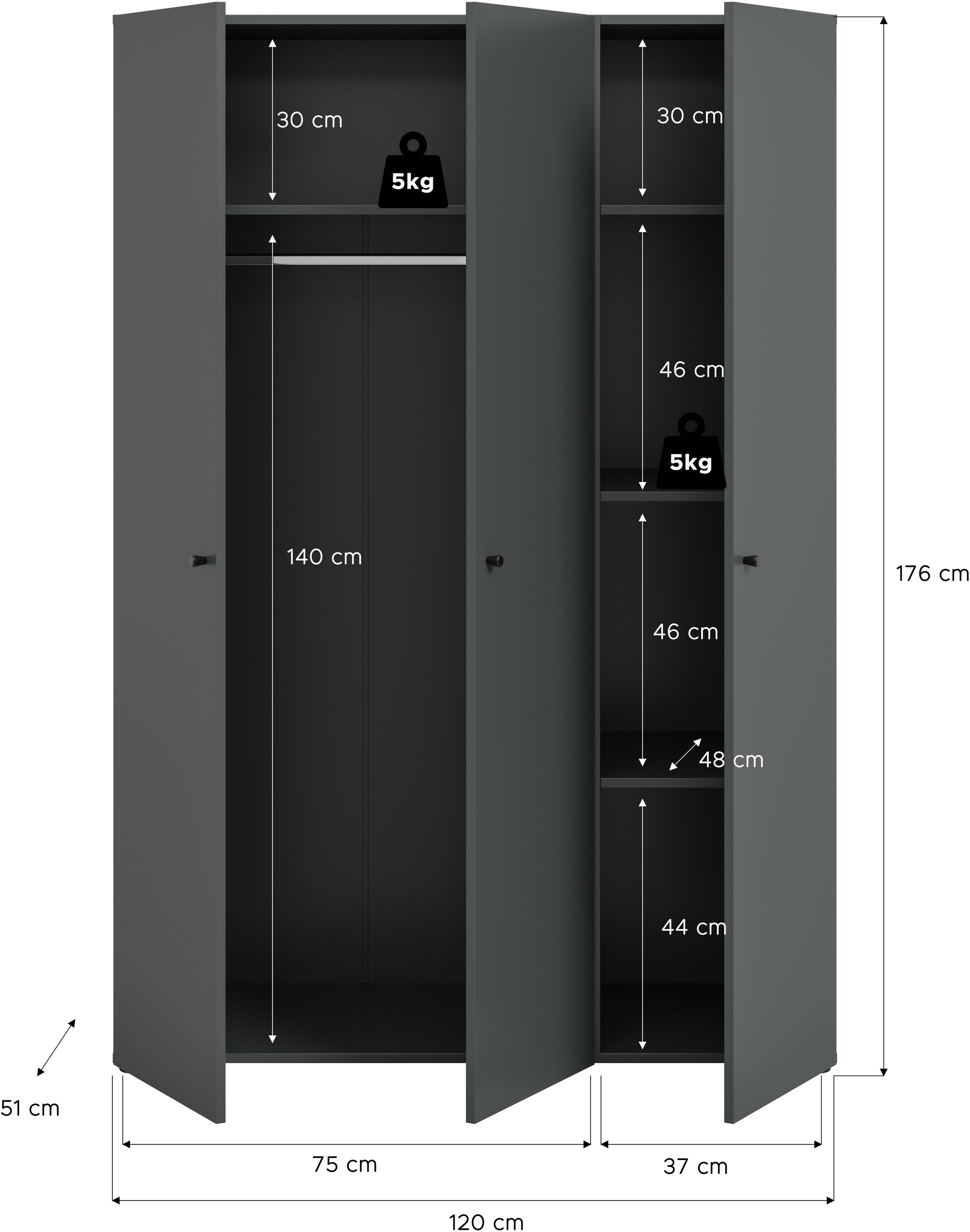 Home affaire Kleiderschrank »BILLINGS, TOPSELLER!, Schlafzimmerschrank, Schrank, Garderobenschrank«, (OTTO BESTSELLER, Garderobe & Schlafzimmer), Breite 130cm, grau, 3-türig, inkl. 1 Kleiderstangen und 4 Ablageböden