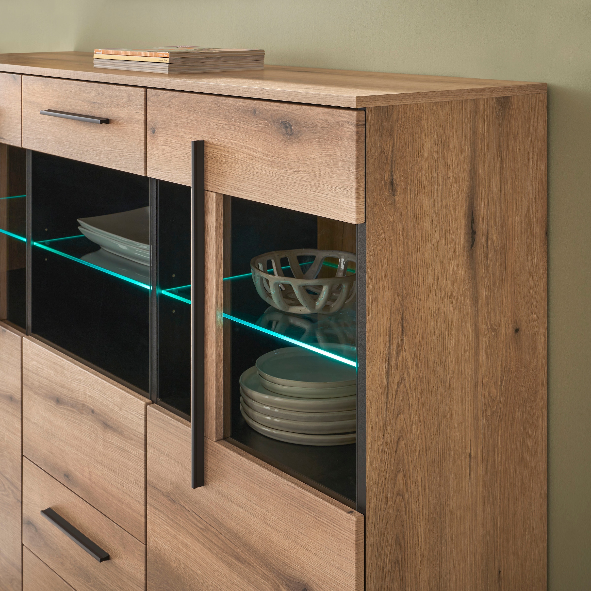 INOSIGN Highboard »Cantara, moderner Schrank, Vitrine in Eiche Dekor oder weiß«, schwarze Stangengriffe, ausreichend Stauraum, vielseitig einsetzbar