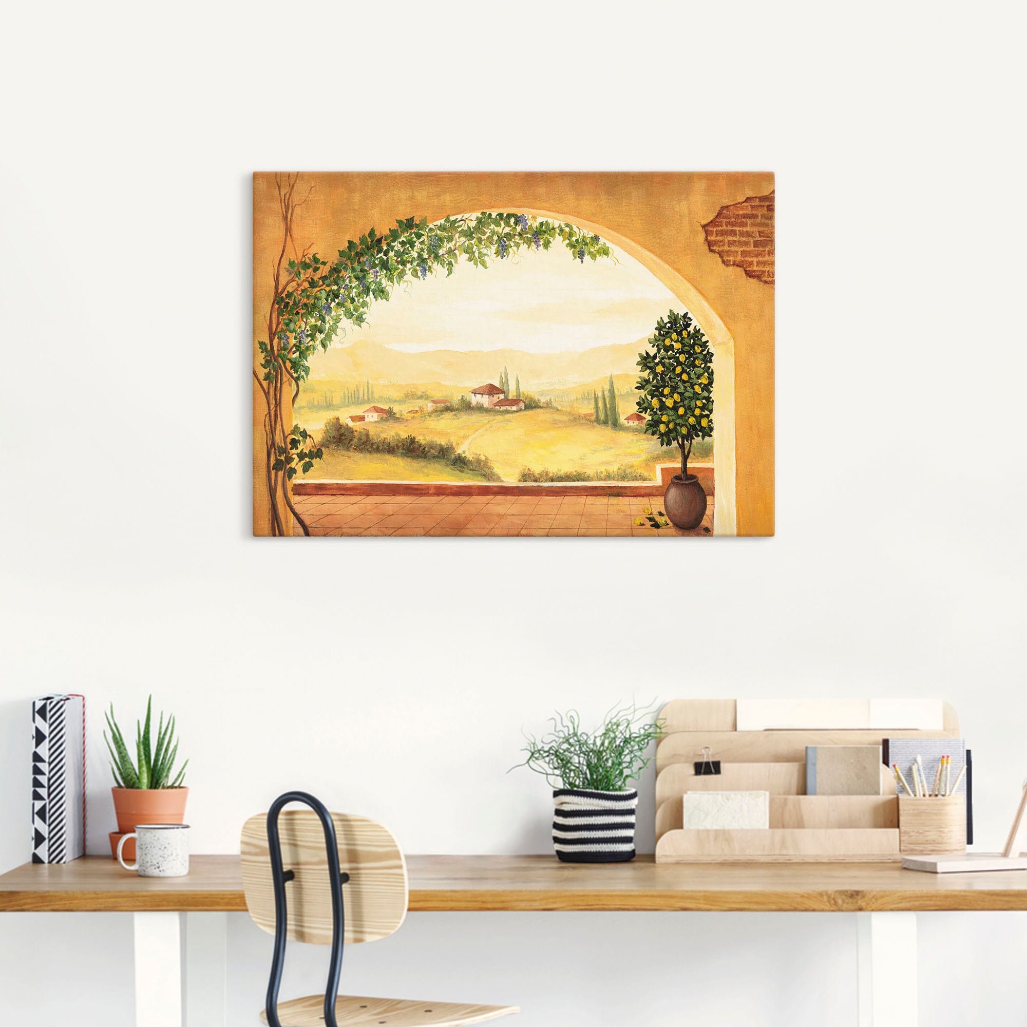 Artland Wandbild »Weinranken vor der Toskanalandschaft«, Fensterblick, (1 St.), als Leinwandbild, Poster in verschied. Größen