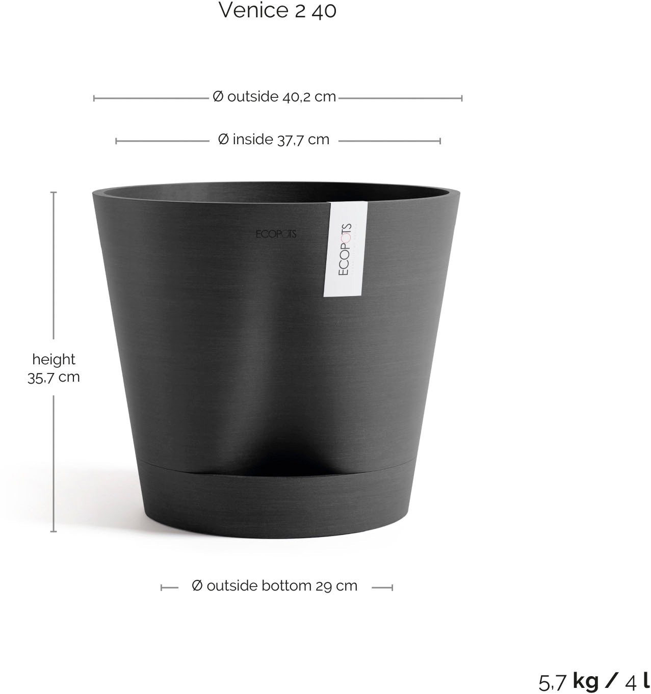 ECOPOTS Blumentopf »Venice 2 40 Dunkelgrau« für den Innenbereich