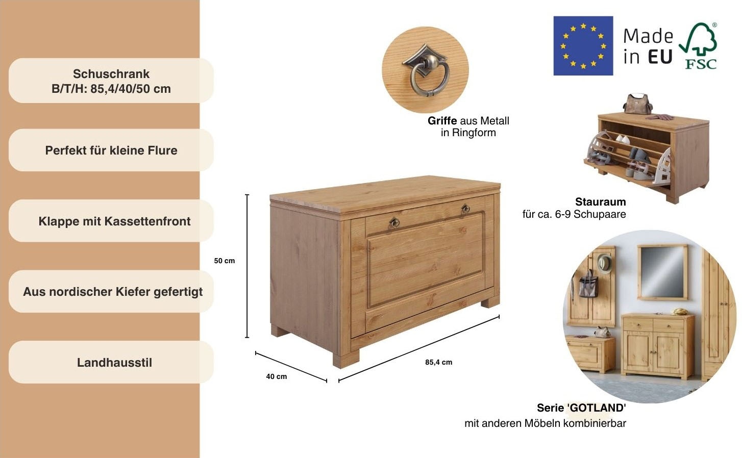 Home affaire Sitzbank »Gotland inkl. Schuhtrommel für ca. 6-9 Paar Schuhe«, aus massiver Kiefer, FSC®-zertifiziert, Breite 85 cm
