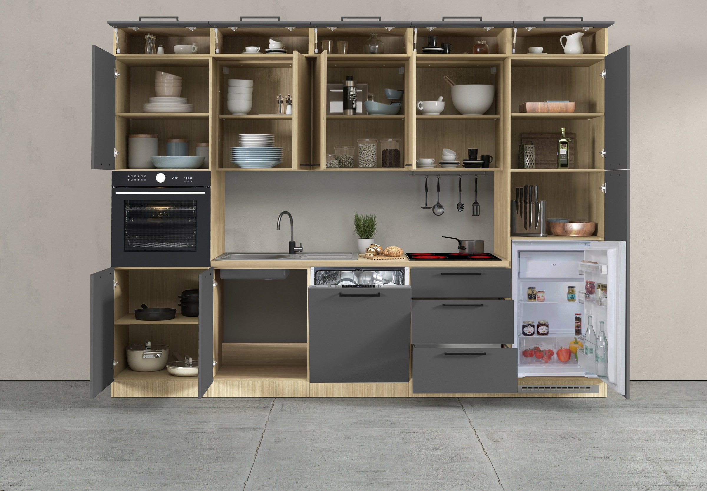 KOCHSTATION Küchenzeile »Luna, Einbauküche, Zeilenküche, mit Soft-Close Funktion, Made in Italy« Breite 300 cm ohne E-Geräte, mit Spüle+Siphon und Aufsatz