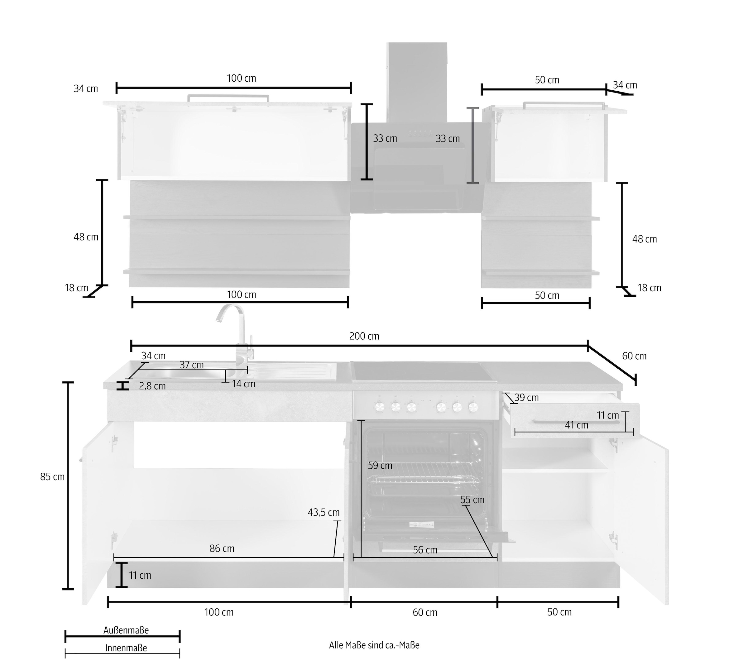 KOCHSTATION Küchenzeile »KS-Tulsa«, mit E-Geräten, Breite 210 cm, schwarze Metallgriffe, MDF Fronten