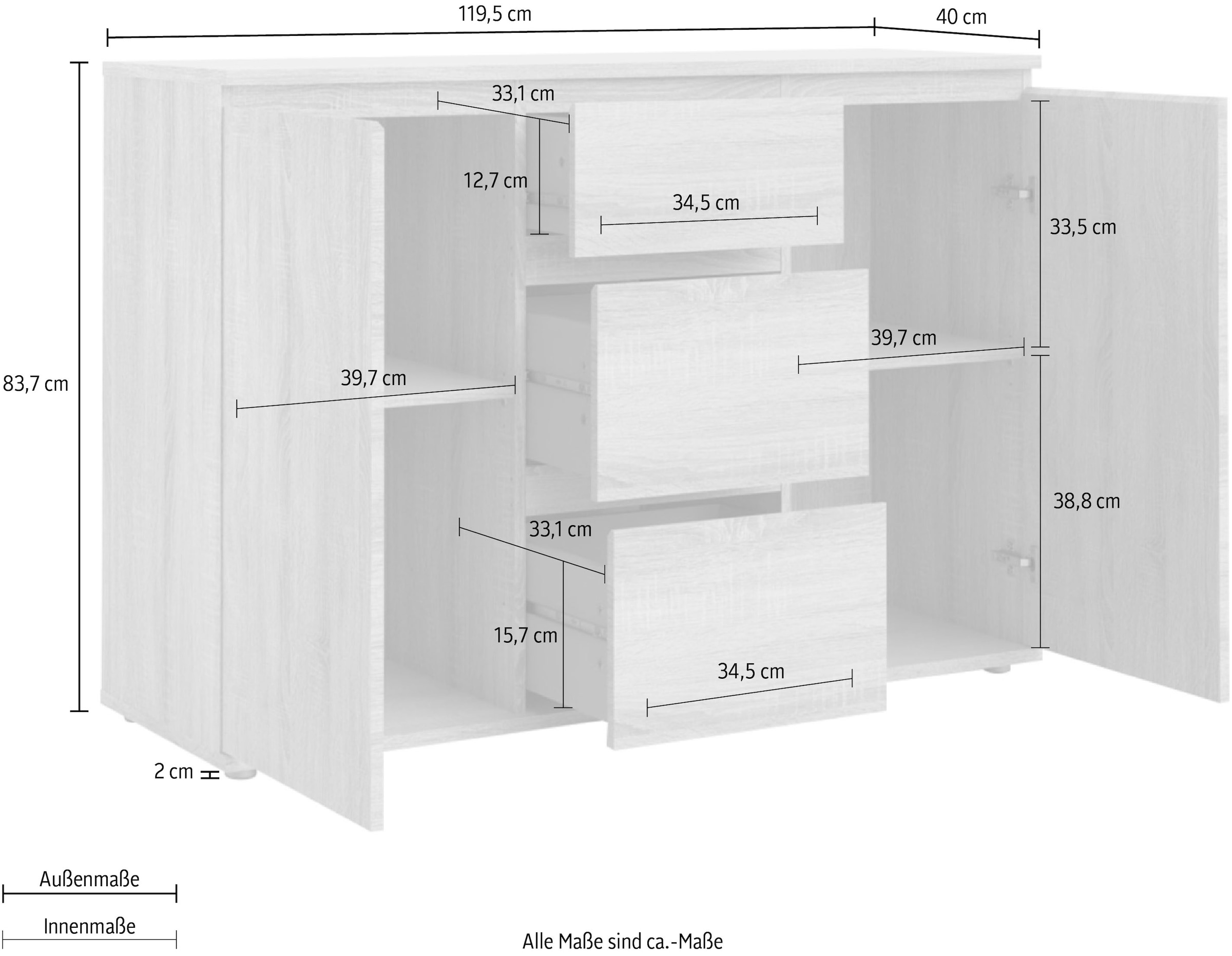 INOSIGN Sideboard »Nova, Aufbewahrung, Schubladenschrank, Sideboard,«, 2 Türen, 3 Schubladen, grifflos, Breit e120 cm, Höhe 84 cm