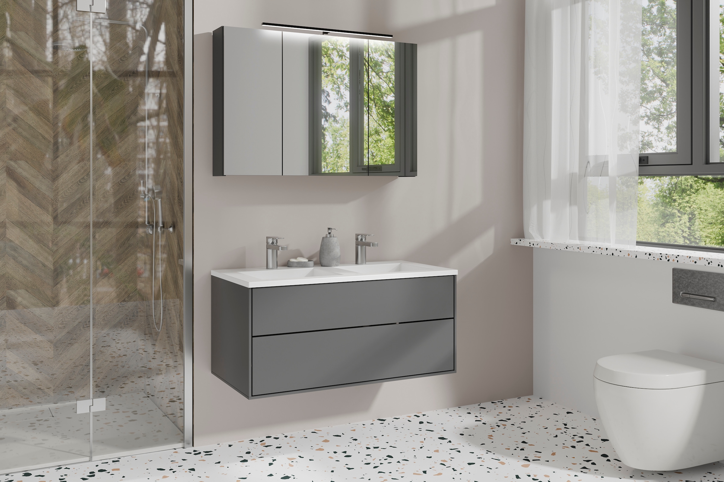 byLIVING Spiegelschrank »Serie Spree, in vielen Breiten erhältlich« Soft-Close, LED Beleuchtung mit Schalter- und Steckdosenbox