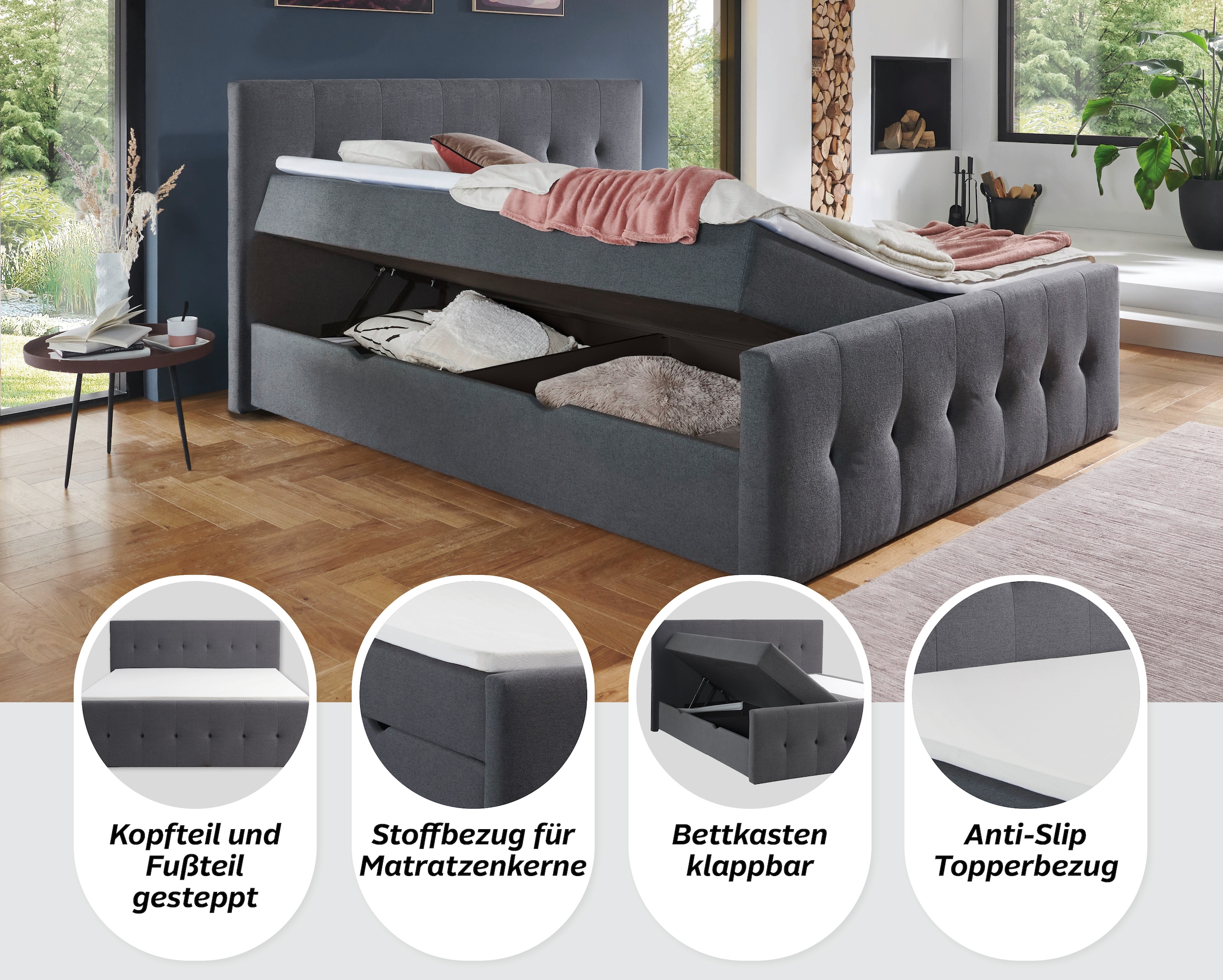 Home affaire Boxbett »Tessaja, inkl. Bettkasten, in der Breite 180x200cm erhältlich« Kopf- und Fußteil gesteppt, inkl. Anti-Slip-Topper