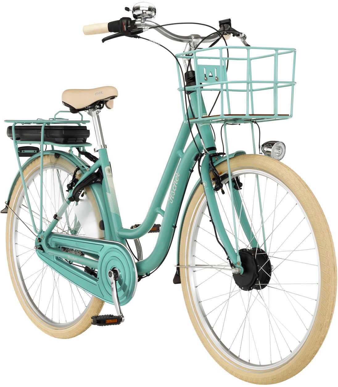 FISCHER Fahrrad E-Bike »CITA RETRO 3.0 522«, 7 Gang, Shimano, Nexus, Frontmotor 250 W, (mit Fahrradschloss), mit großem Vorderradkorb