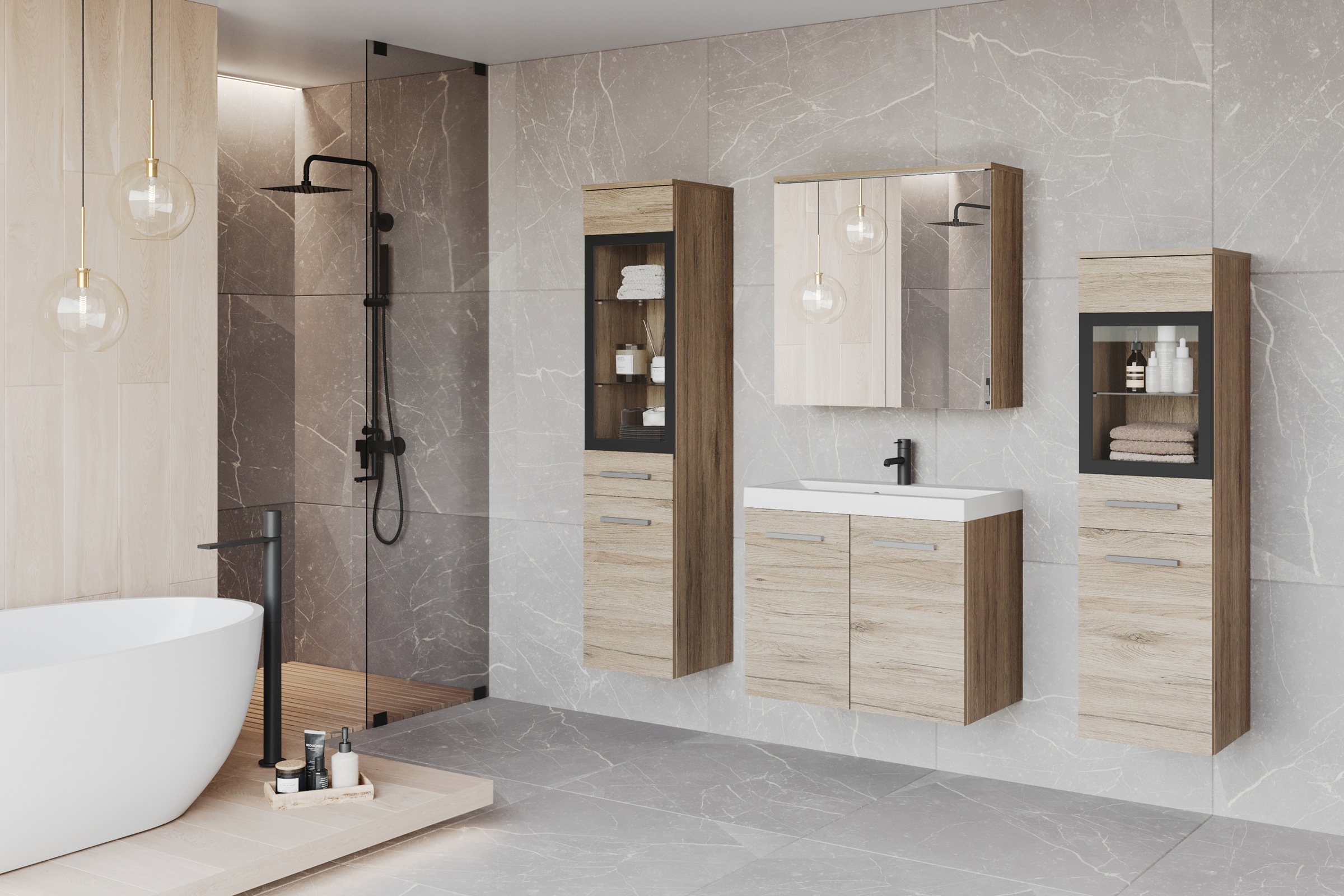 welltime Badmöbel-Set »MADRIT II, Schrank mit Waschbecken, 2 Hänger, Spiegelschrank«, (Komplett-Set, 5 St.), Hängende Badmöbel mit Glaseinsätzen – in vielen Farben erhältlich
