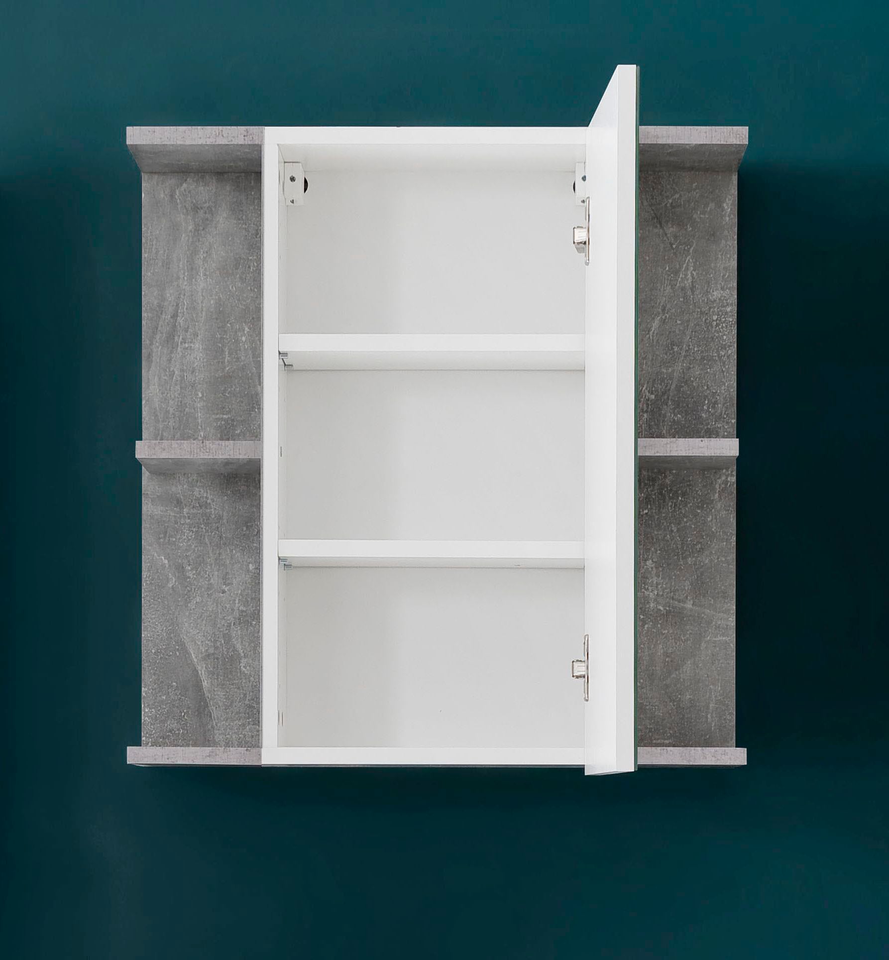 trendteam Spiegelschrank, (2 St.), Badspiegel mit Spiegeltür in Weiß Hochglanz/Beton - inklusive Leuchte