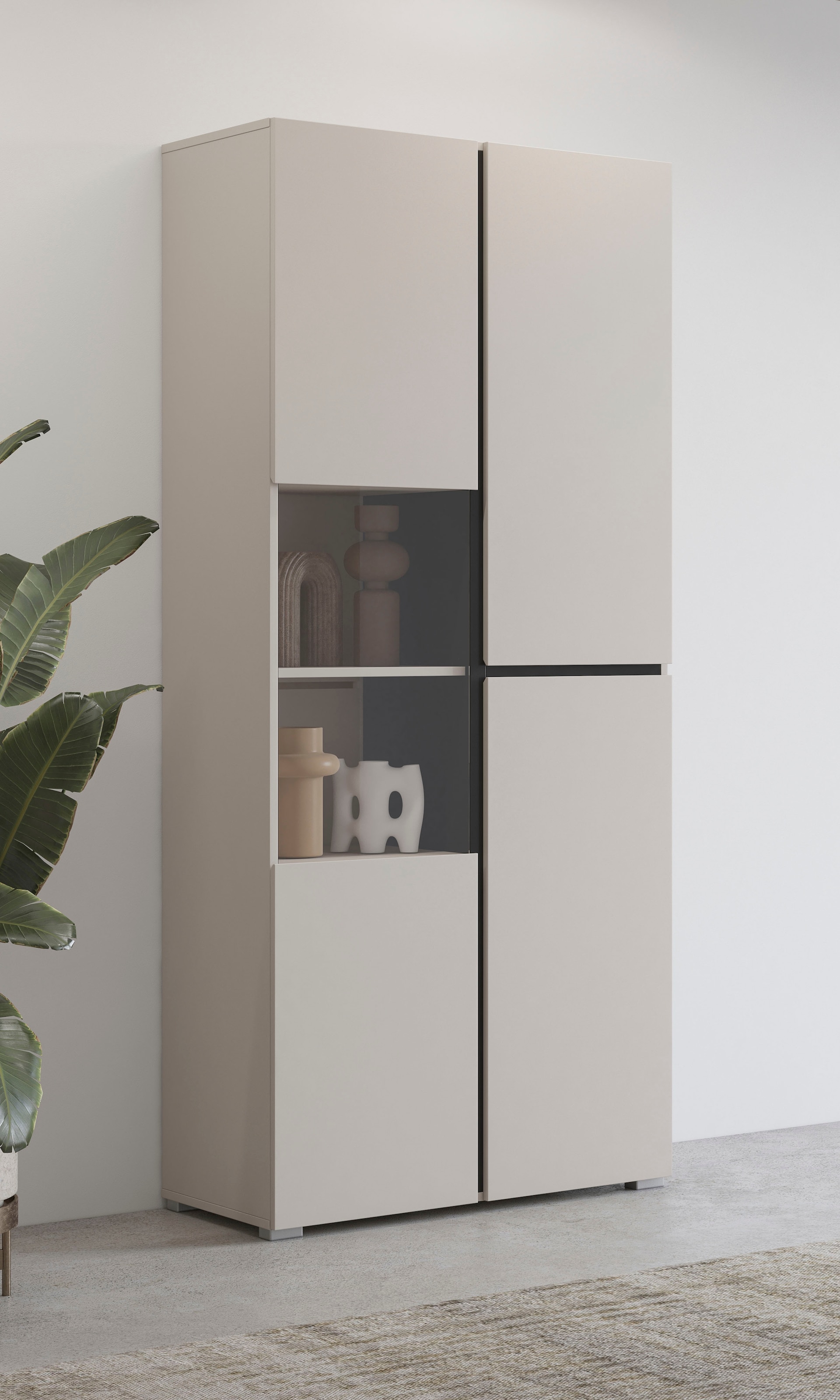 OTTO home Vitrine »Cross, Höhe 183,5 cm, moderne grifflose Standvitrine mit 3 Türen« Hochschrank mit viel Stauraum, Glastür und verstellbaren Einlegeböden