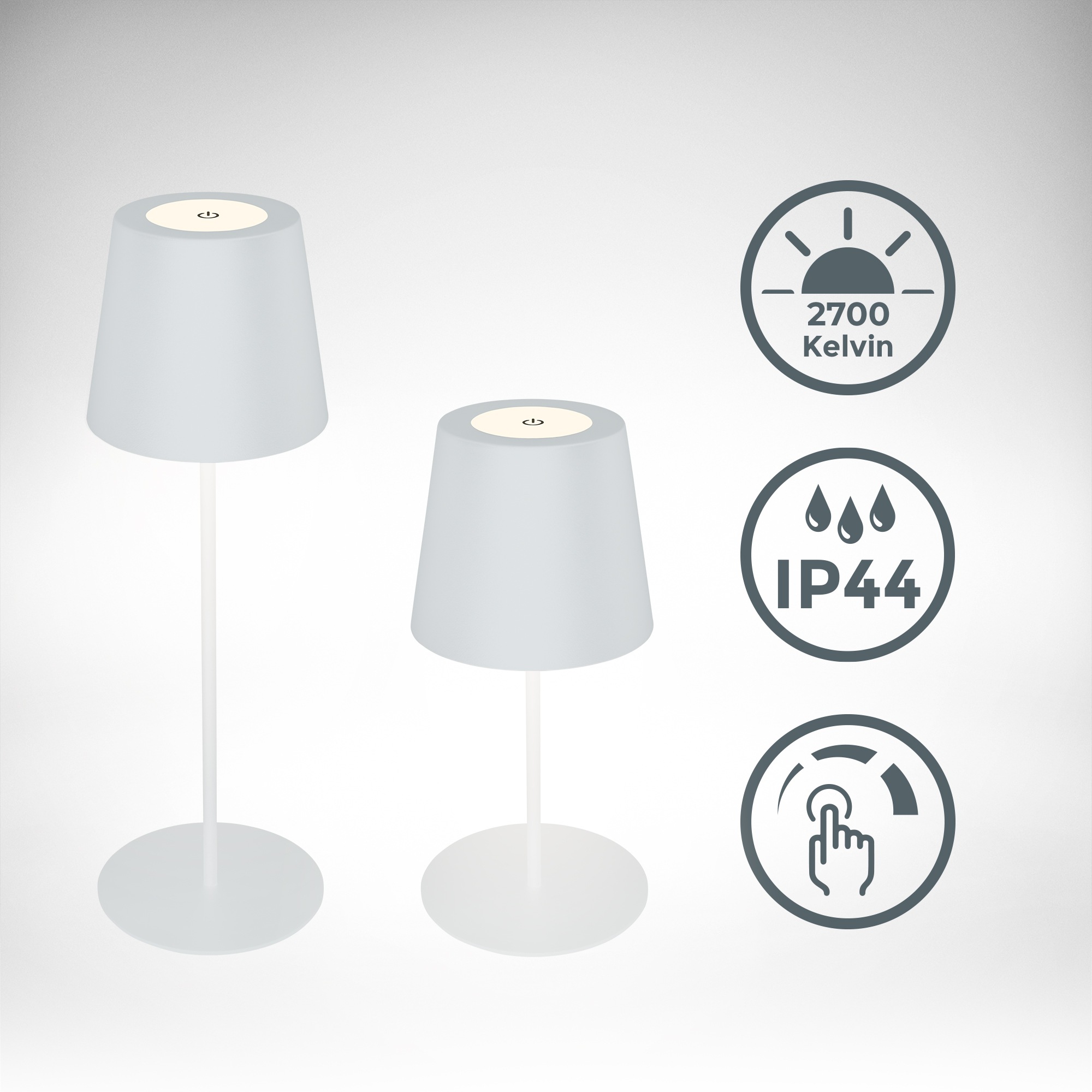 B.K.Licht Außen-Tischleuchte »BK_TL1594 Akku LED Tischlampe, 3-Stufen Touchdimmer, mit USB«, 1 flammig, Leuchtmittel LED-Modul | LED fest integriert, 2.700 K, 200 Lm, 2,5W, IP44, 12h Leuchtdauer, 36 x 10,5 cm, Weiß