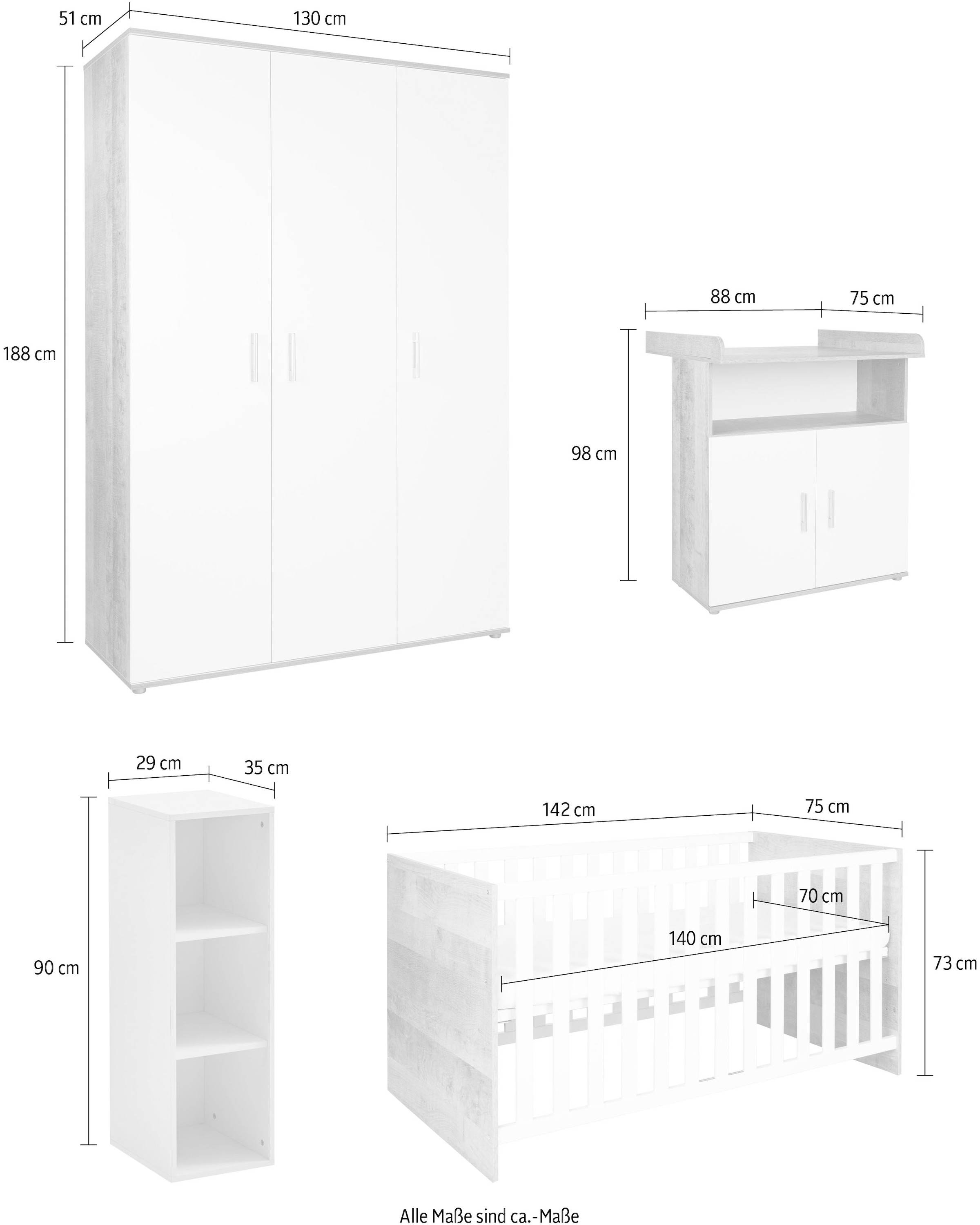arthur berndt Babyzimmer-Komplettset »Jugendzimmer-Set »Kilian« 4-teilig«, (4 tlg.), Platinum Oak/ Weiß Nachbildung