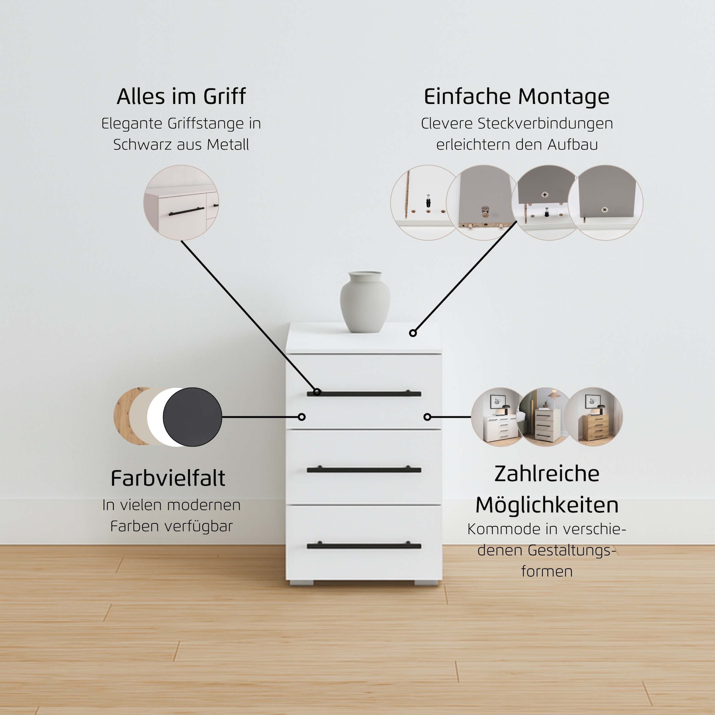 rauch Nachtkommode »Nachttisch Nachtkonsole AVOLA in Dekorfront« Breite 40 cm inkl. Soft-Close-Funktion,  mit 3 geräumigen Schubladen für viel Stauraum MADE IN GERMANY