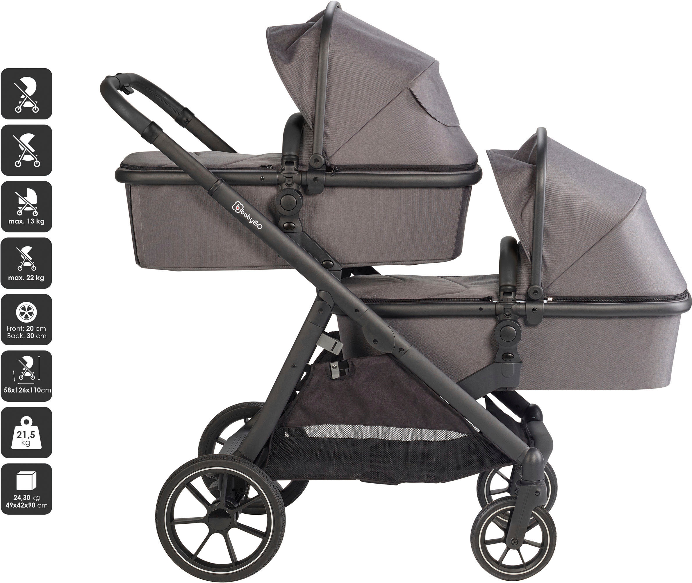 BabyGo Zwillings-Kombikinderwagen »Duo Ultra Set, grau«, inkl. 2 Babyschalen, 2 Isofix Base, Wickeltasche u. 2 Regenhauben