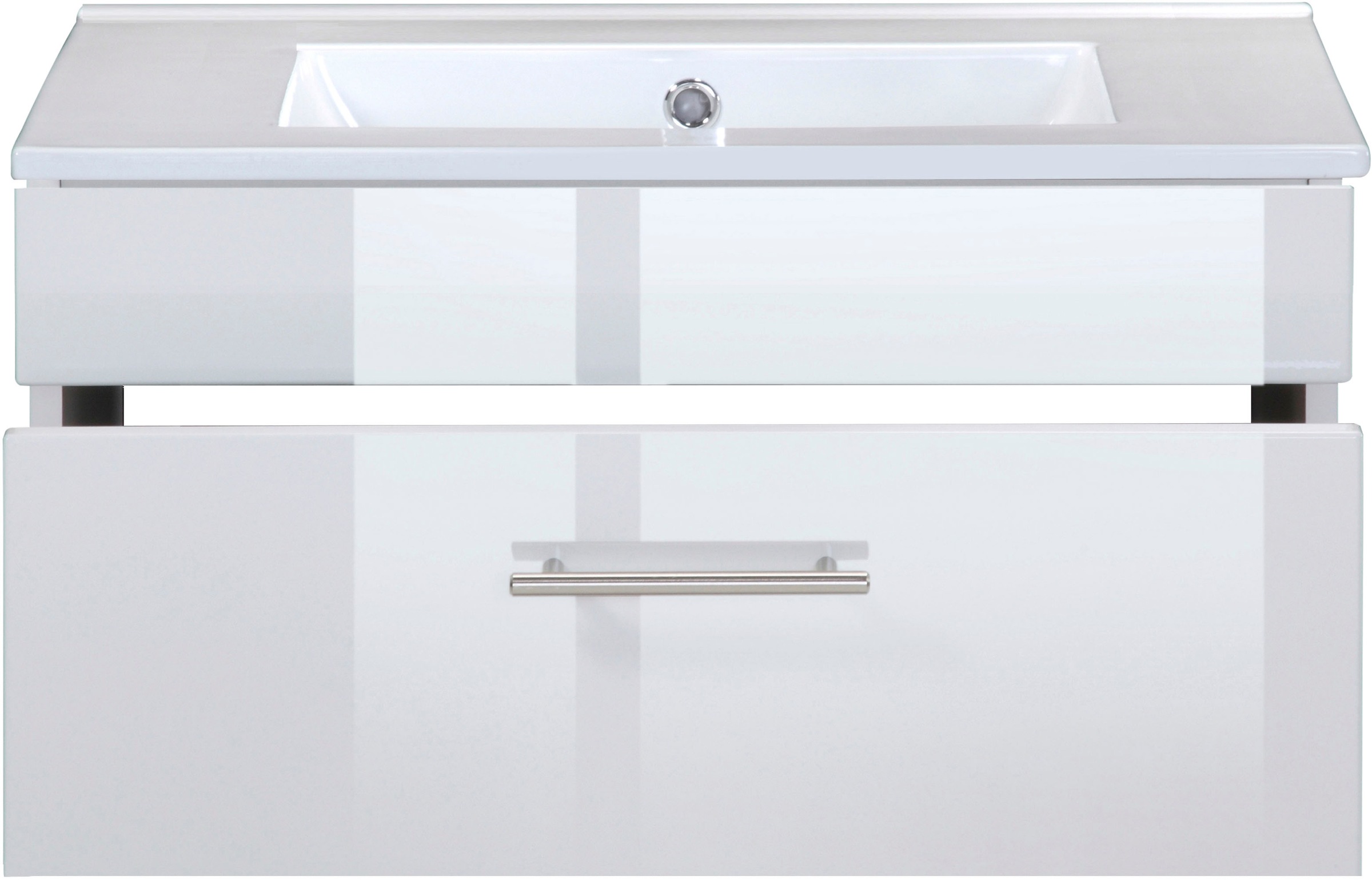 welltime Waschtisch »Trento Light mit Keramik-Auflagebecken«, 1 feste Blende und 1 Auszug, Breite: 101cm, Weiß Hochglanz